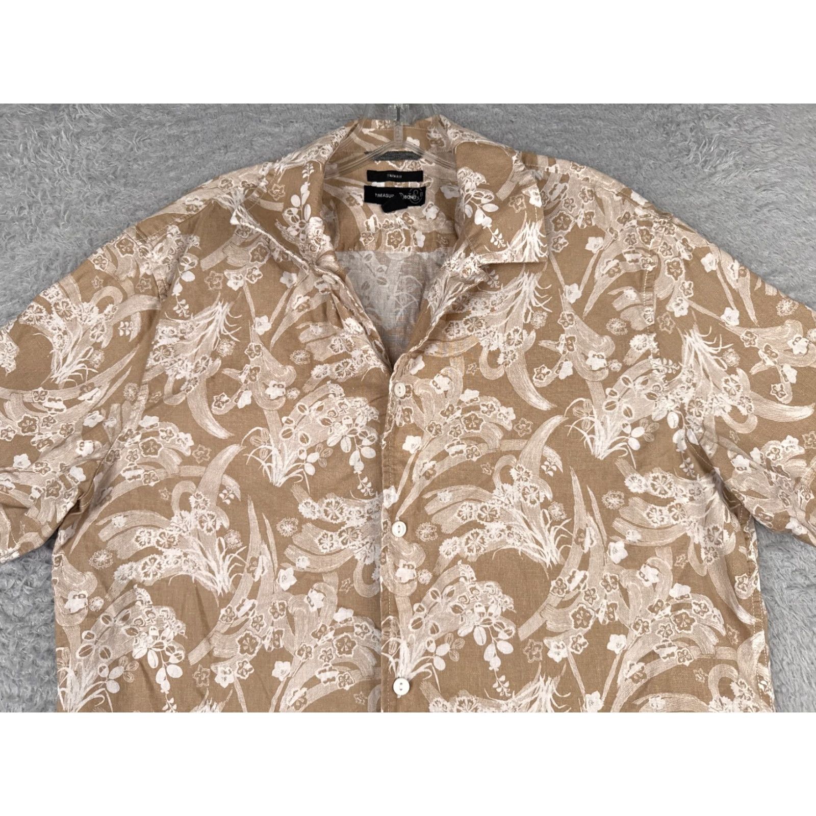 Treasure & Bond Treasure & Bond Shirt Men M Beige White Floral Linen Blend Hawaiian Button-Up Short Sleeve 36" Chest Aloha Beach Vacation 90s Men Size US M / EU 48-50 / 2 - 4 Thumbnail