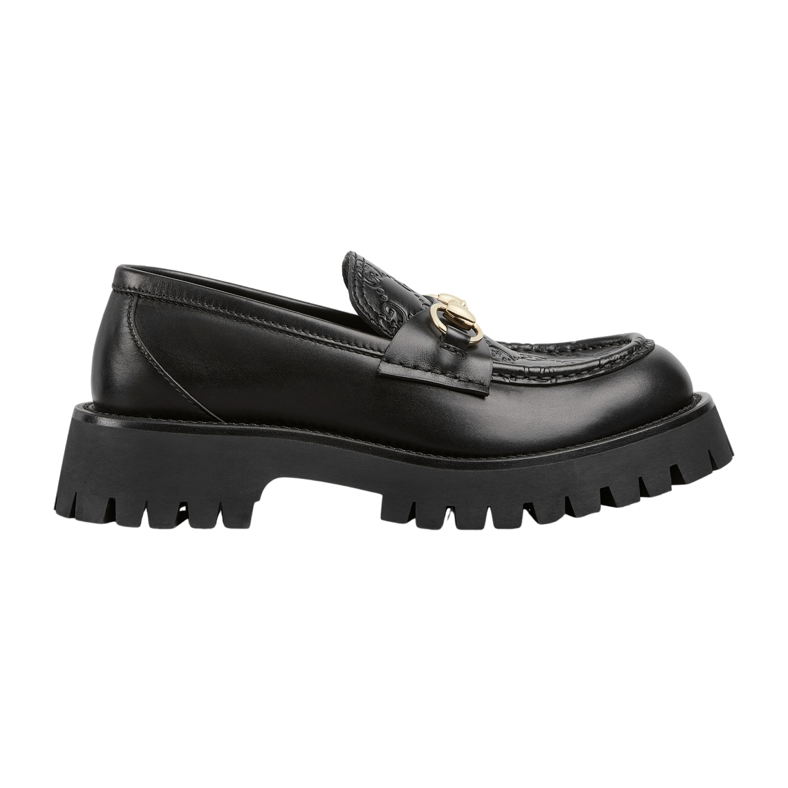 GUCCI Women's Black GG Leather Horsebit Lug Sole Loafers