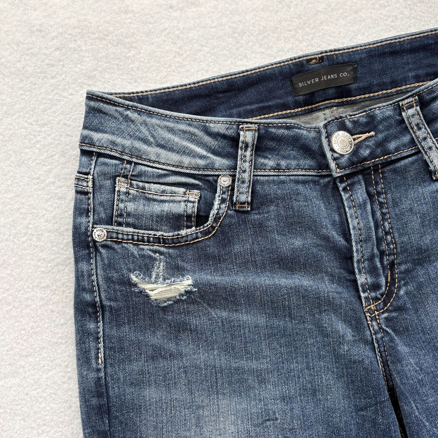 Silver Jeans Co. VINTAGE Silver Jeans Elyse Slim Boot Womens 27x29 Blue Mid Rise Distressed Denim Grunge Size 27" / US 4 / IT 40 - 3 Thumbnail