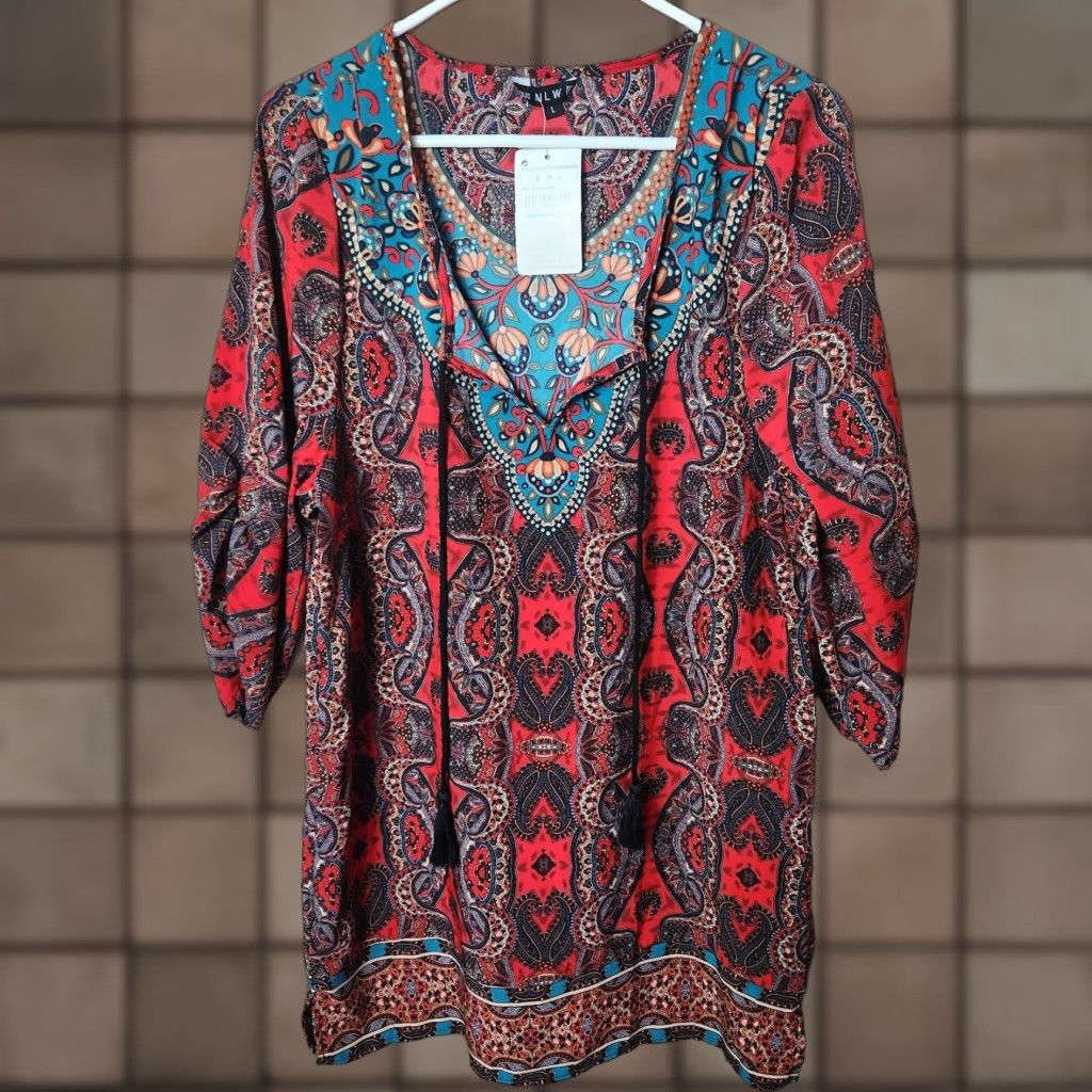 Vintage NLW Boho Paisley Mixed Print Mini Shift Dress-Size L (NWT) Size L / US 10 / IT 46 - 1 Thumbnail