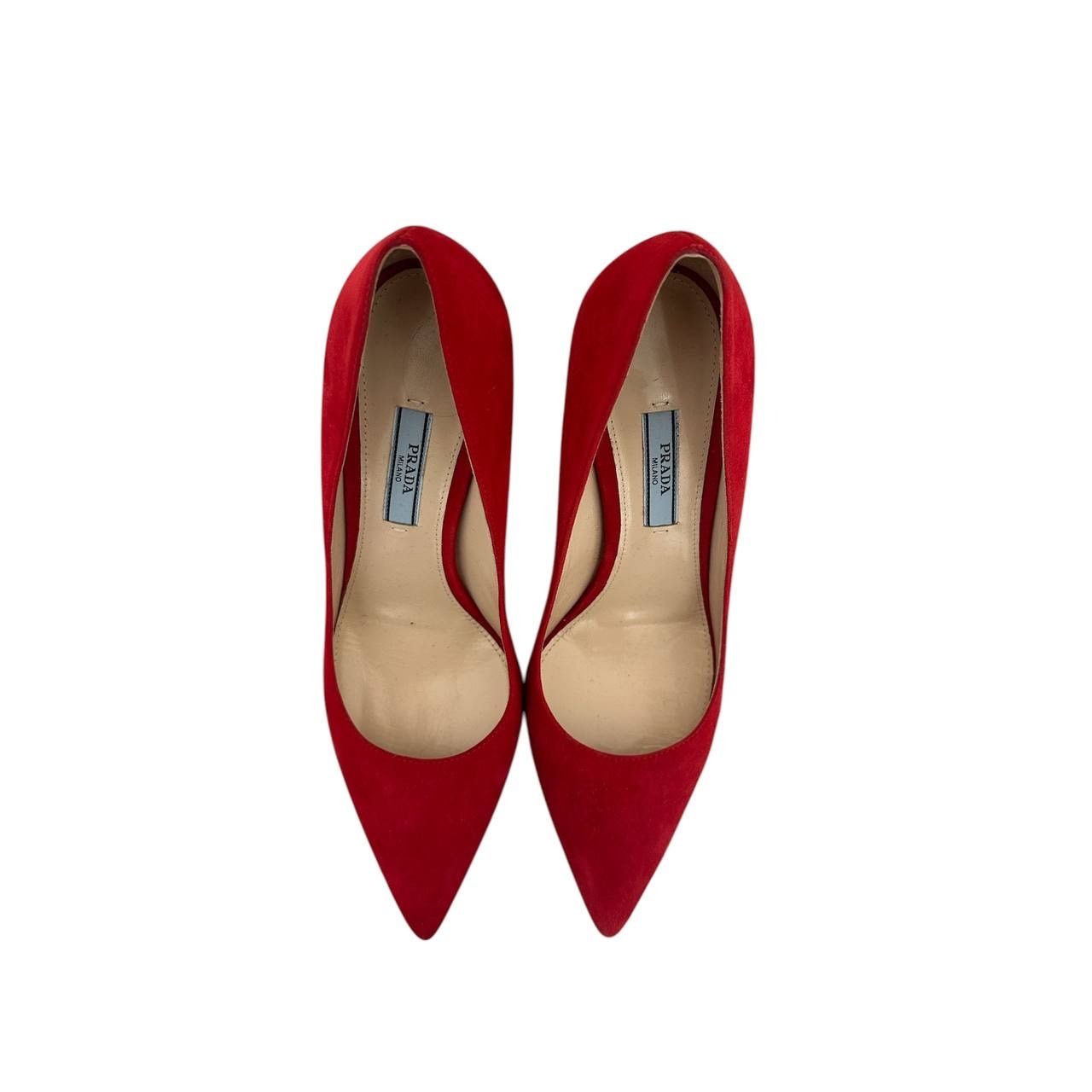 Prada NWOB Prada Red Suede Pointed Toe Pumps Sz.37.5 Size US 7.5 / IT 37.5 - 3 Thumbnail