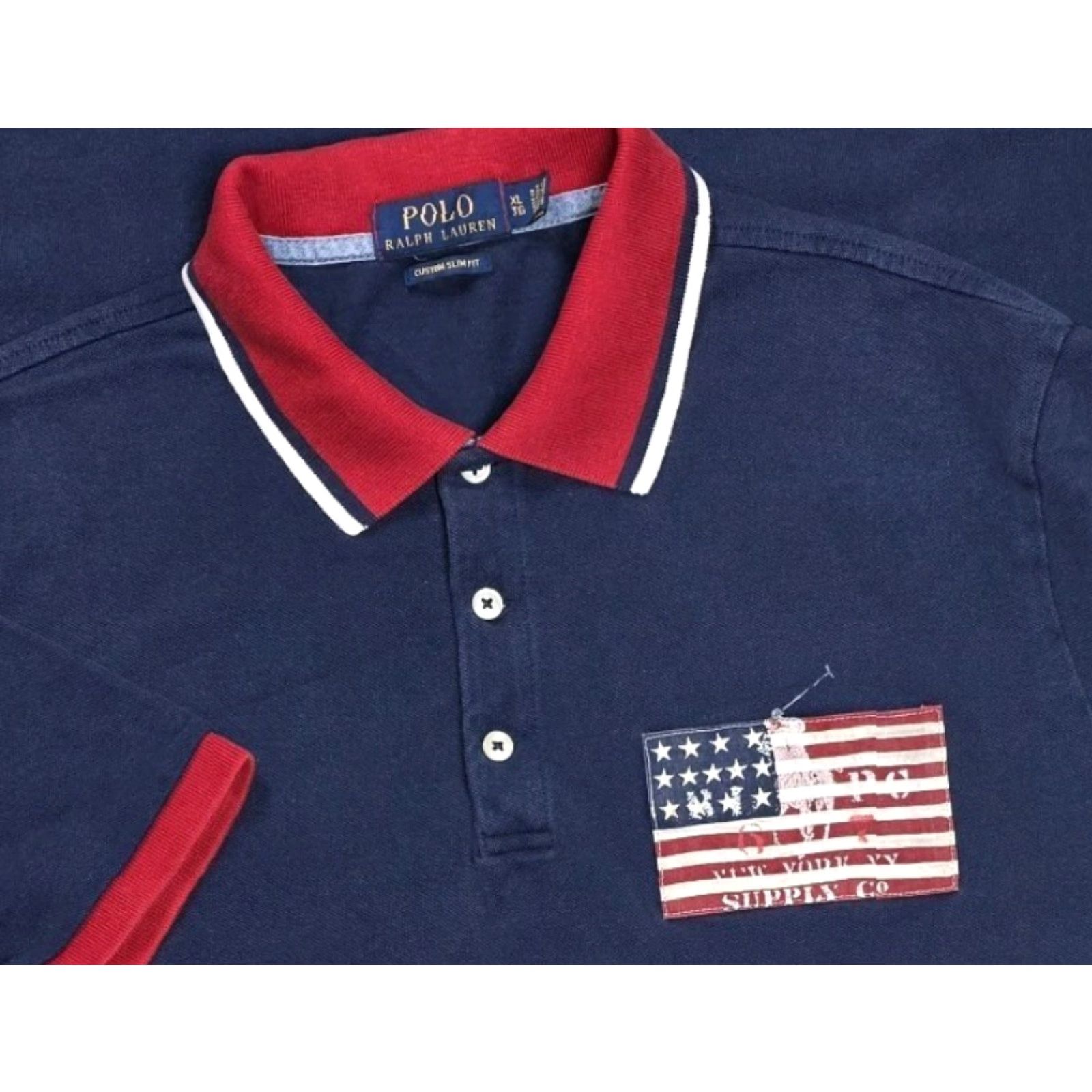 Polo Ralph Lauren Polo Ralph Lauren Mens USA Flag Rugby Polo Shirt XL Slim Blue Red Dipped Polo Shirt USA Flag Rugby Polo XL Slim Blue Red Col­lar Logo Embroidered Size US XL / EU 56 / 4 - 3 Thumbnail
