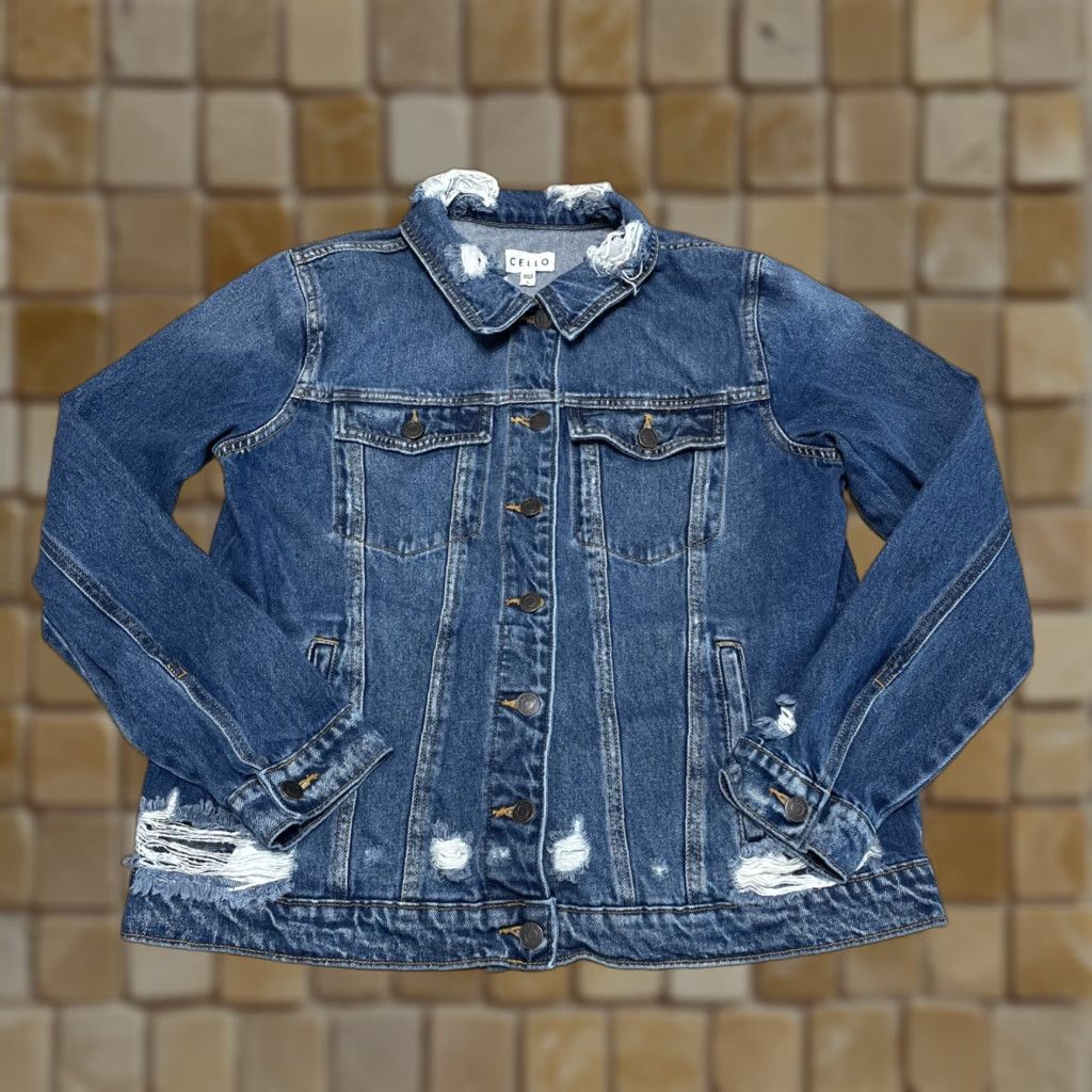 Denime VINTAGE Cello Denim Jacket Women’s Large Distressed Trucker Blue Jean Size 36" / US 14 / IT 50 - 1 Thumbnail