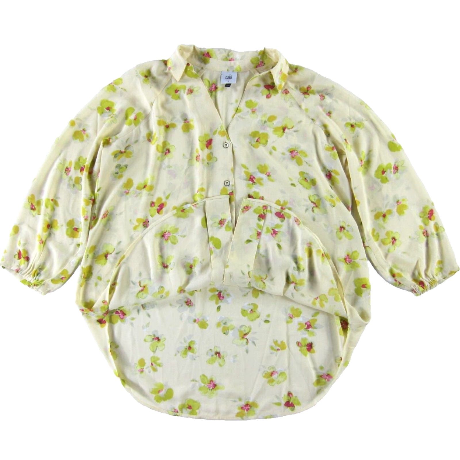 Vintage CAbi Blouse Shirt Floral 3/4 Sleeve Button Down Collar Small Yellow Green Pink Bohemian Flower Women XS-S Size S / US 4 / IT 40 - 5 Thumbnail