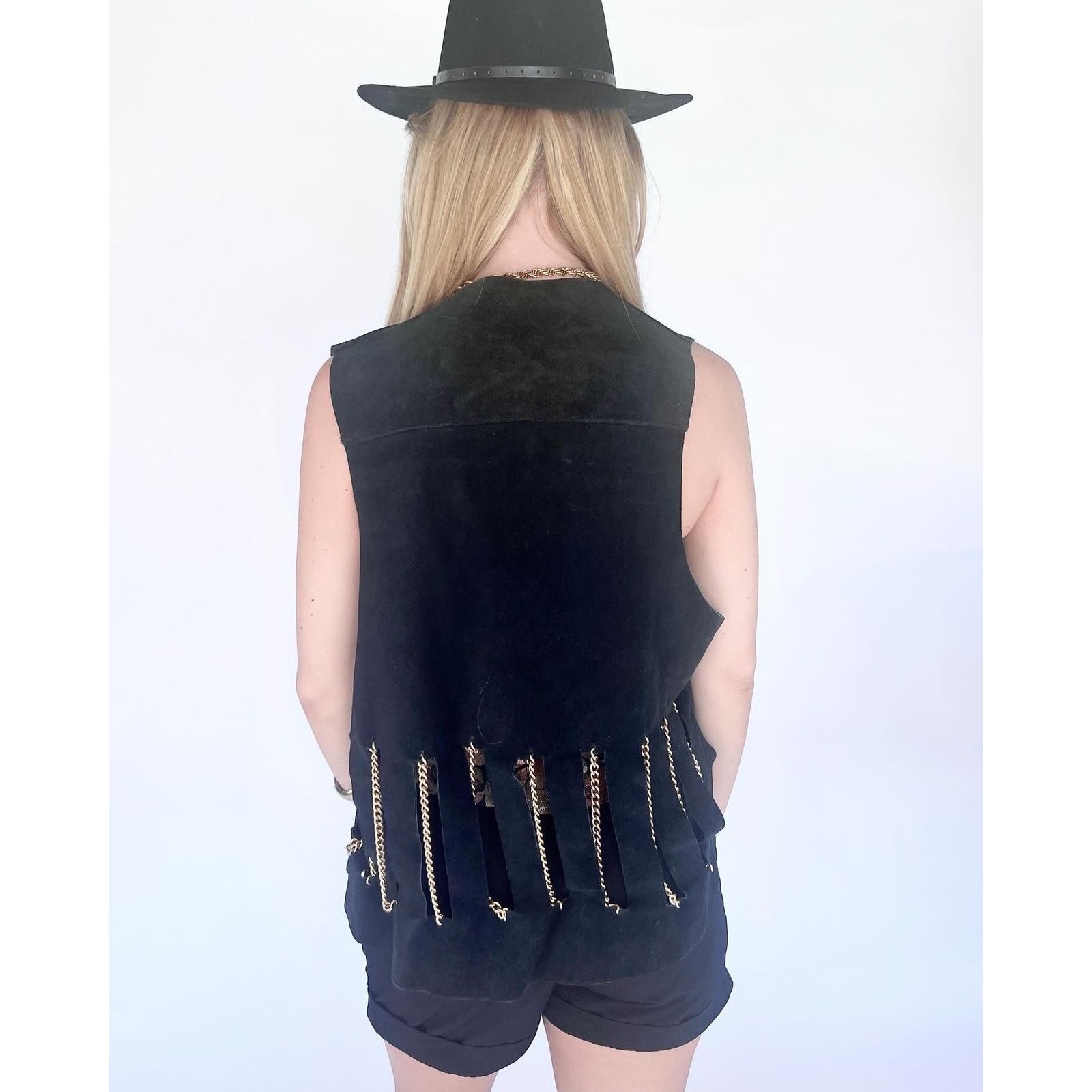 Vintage VTG Black Suede Vest w/ Gold Chain Fringe OS Size US M / EU 48-50 / 2 - 3 Thumbnail