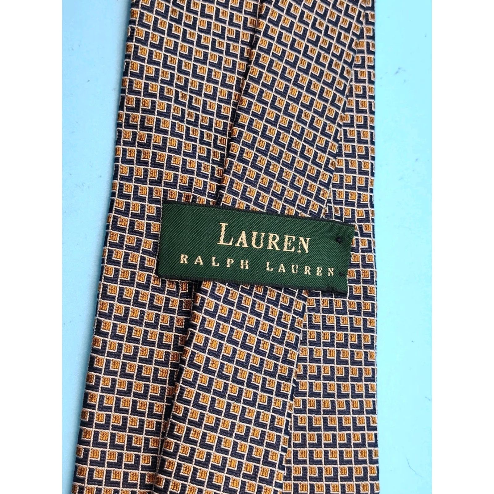 Ralph Lauren VINTAGE Lauren Ralph Lauren Green Label Tie Men 3 3/4" Width 59" Length Yellow Blue Geometric Silk Adjustabledunno Size ONE SIZE - 4 Thumbnail