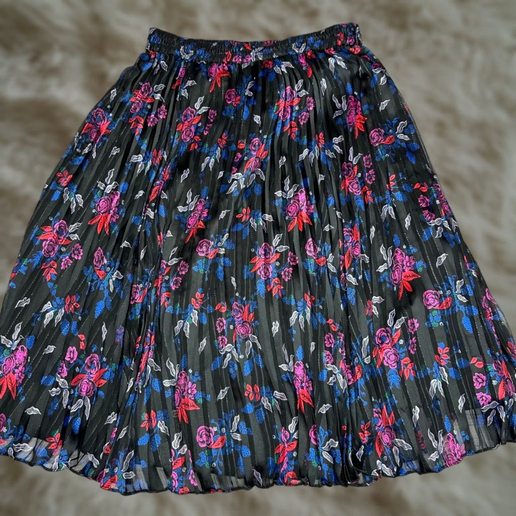 Vintage Halogen Womens Pleated Midi Skirt Sz M Black/Purple Floral Lined Polyester Size 32" / US 10 / IT 46 - 1 Thumbnail