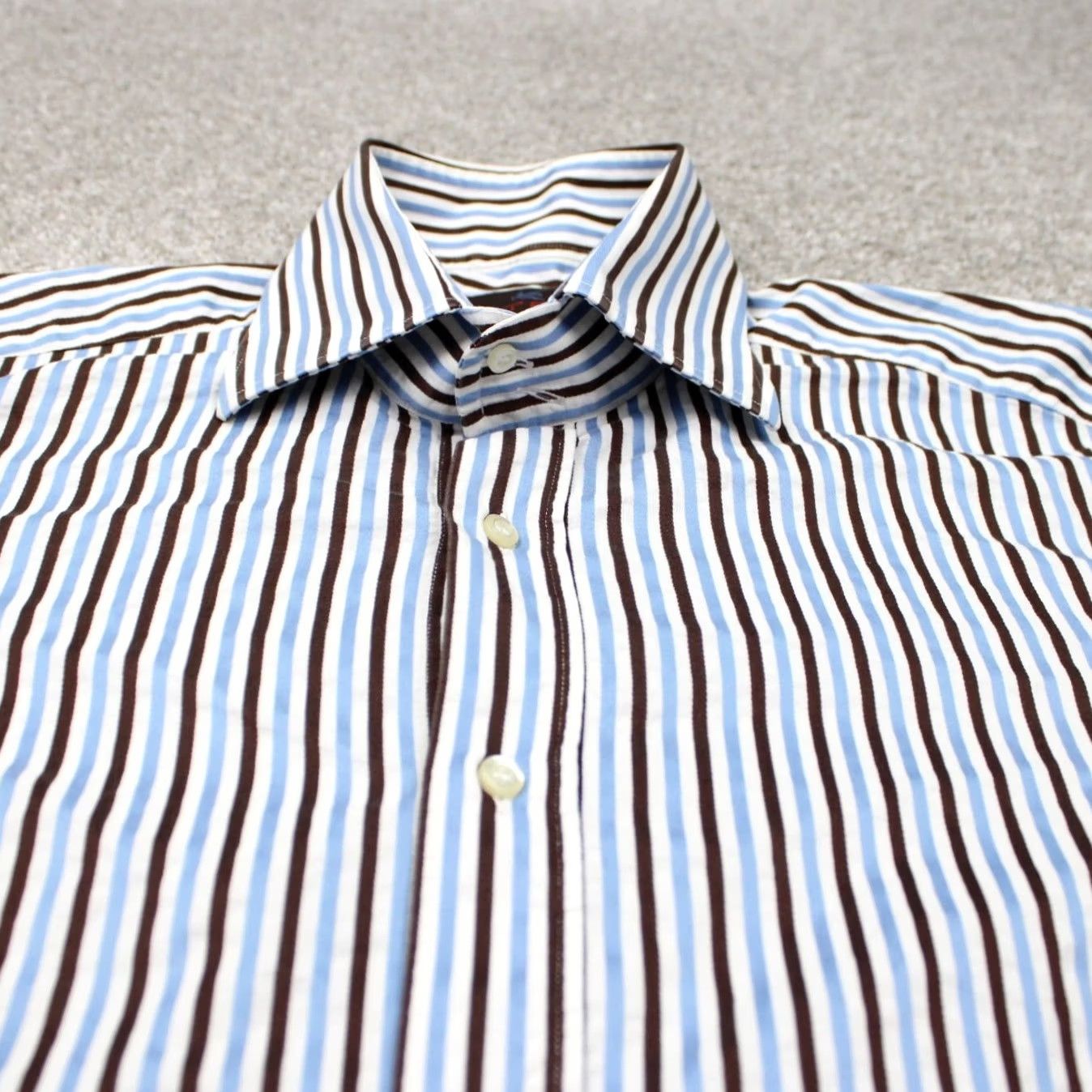 Etro ETRO Dress Shirt Mens 39 Blue/Brown Striped 100% Cotton Long Sleeve Button Up Shirt Size 40R - 5 Thumbnail
