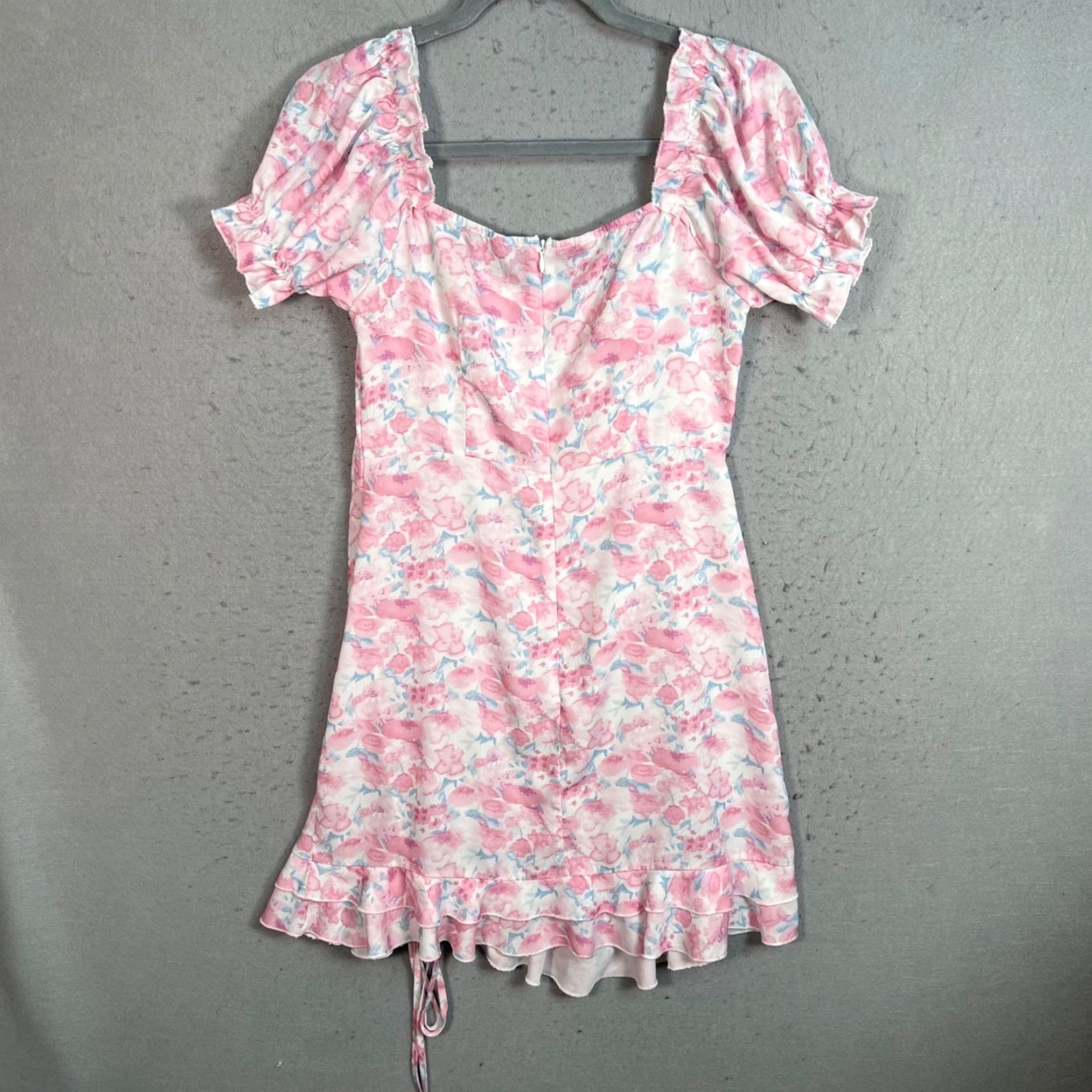 Cider Cider Women’s Pink Floral Short Dress With Puff Sleeves & Ruffle Hem - Mini Sundress, Polyester, Machine Washable, Size M, Casual Party/Cocktail Size 32" / US 10 / IT 46 - 2 Thumbnail
