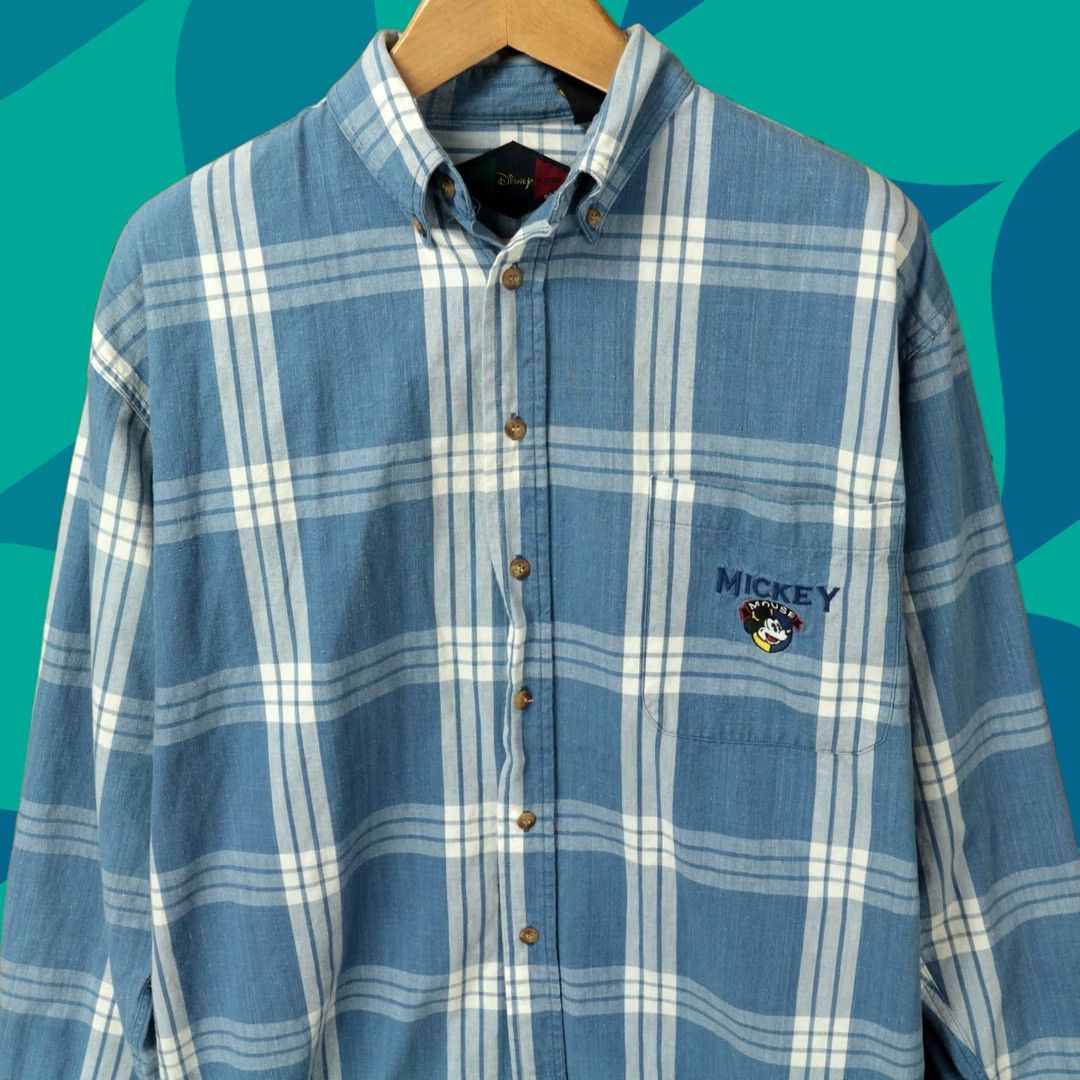 Disney vtg Disney Store mickey mouse plaid men's shirt LARGE blue 90s 00s Size US L / EU 52-54 / 3 - 1 Thumbnail