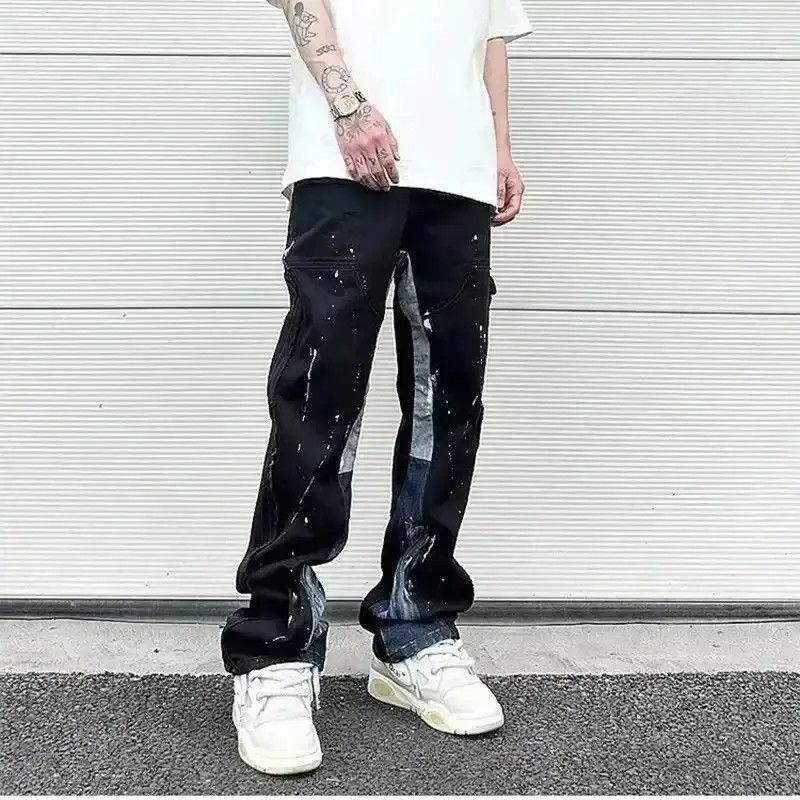 Japanese Brand Contrast Color Splice Speckled Ink Paint Micro Flared Jeans Size US 32 / EU 48 - 2 Thumbnail
