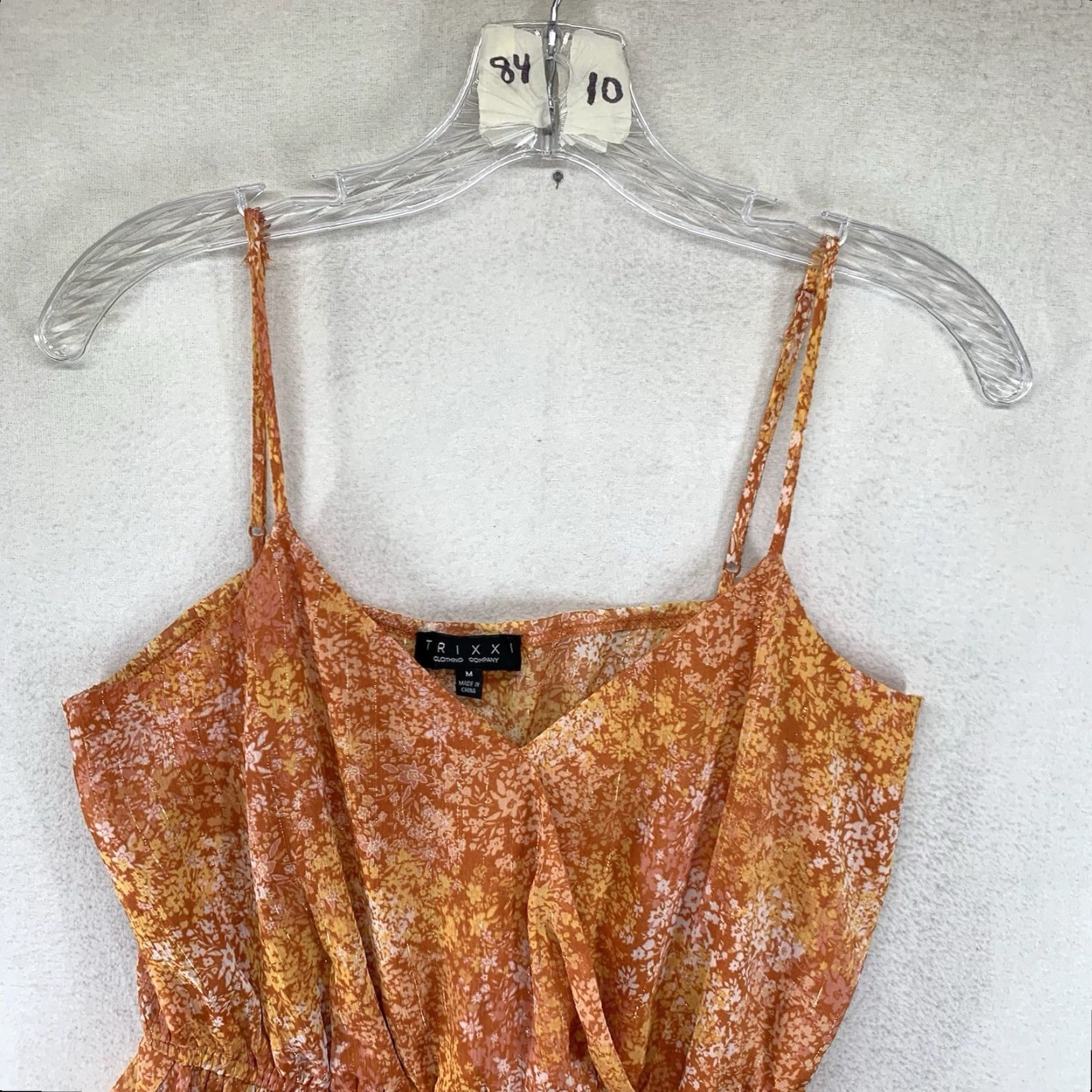 Vintage Trixxi Women's Sheath Dress Medium Orange Floral Ruffle V-Neck Sleeveless Casual Party Bohemian Size 32" / US 10 / IT 46 - 4 Thumbnail