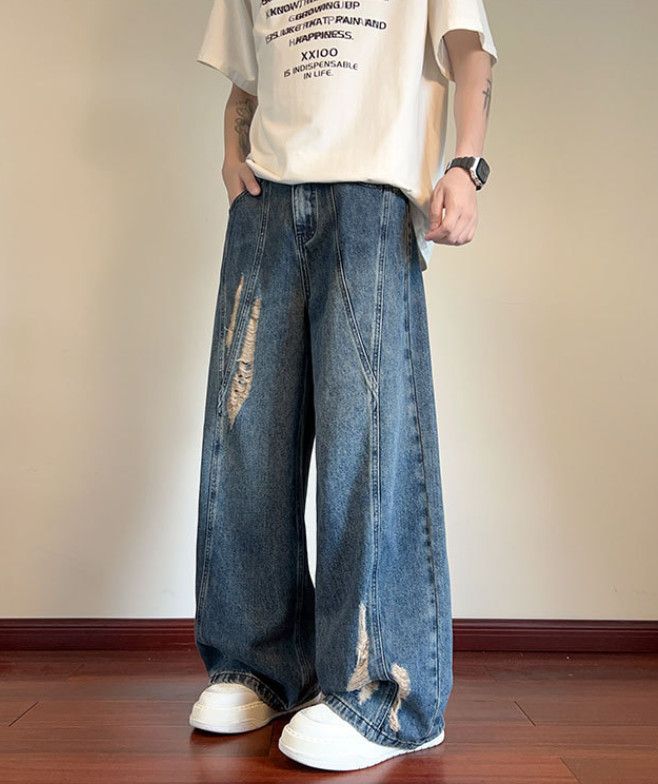 Japanese Brand Men's ripped loose-fitting casual patchwork washed jeans Size US 32 / EU 48 - 2 Thumbnail