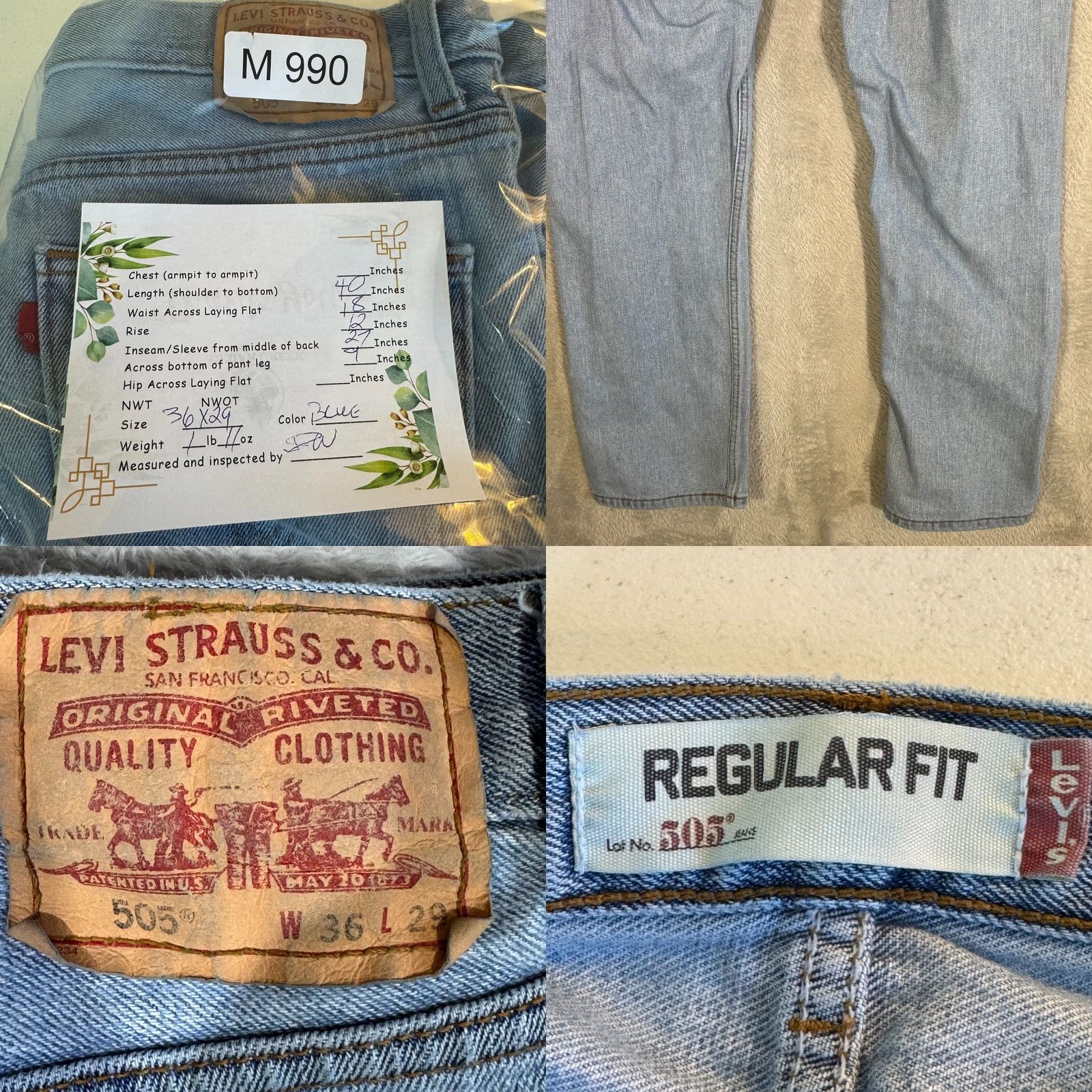 Levi's Levi’s 505 Jeans Men 36x29 Regular Fit Mid Rise Straight Light Wash Blue Denim Size US 36 / EU 52 - 8 Thumbnail