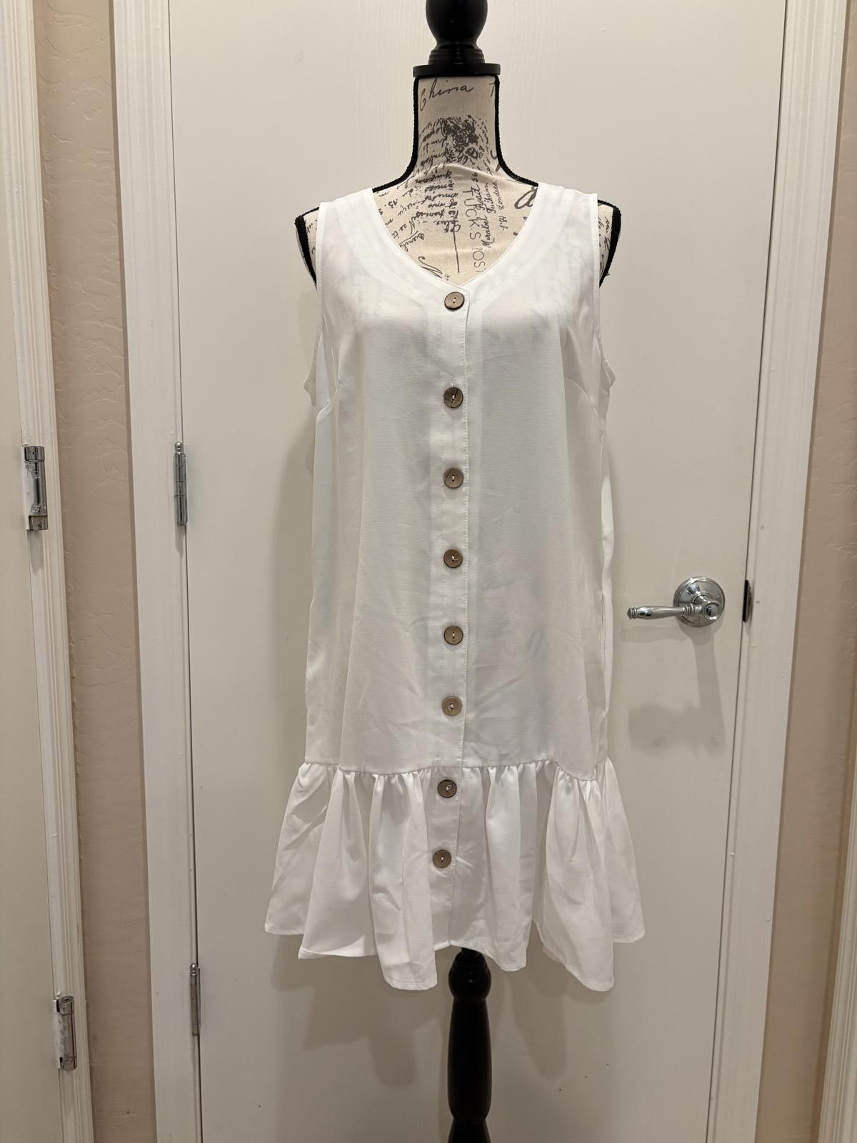 Other Casual White Button-Front Sleeveless Dress with Ruffled Hem, Size L / US 10 / IT 46 - 1 Thumbnail