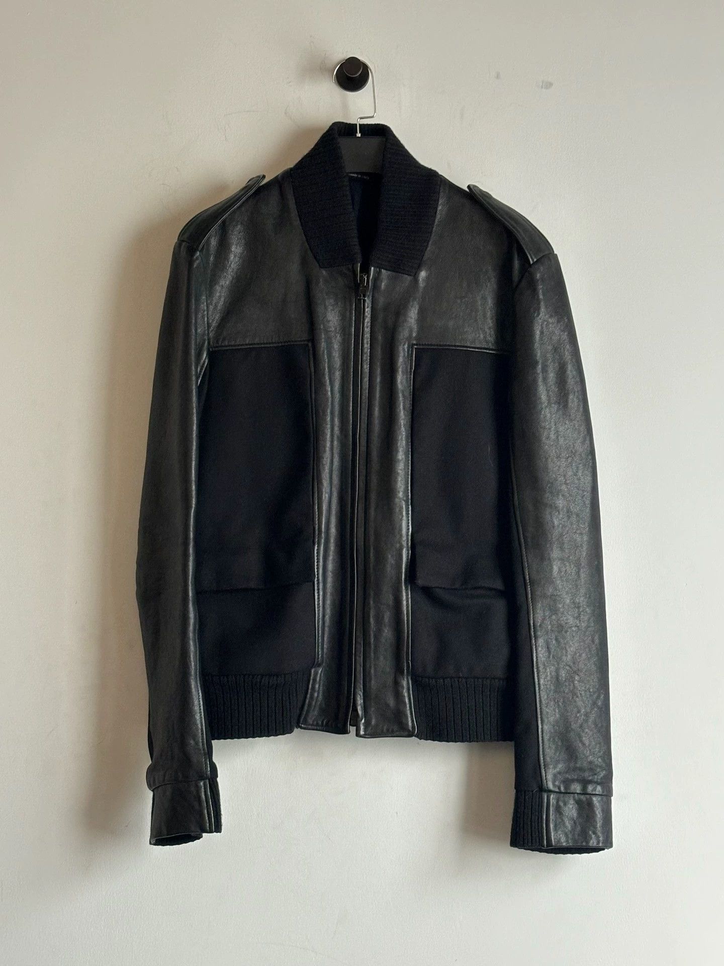 Maison Margiela Black Leather er Jacket with Ribbed Trim - M Size US M / EU 48-50 / 2 - 1 Thumbnail