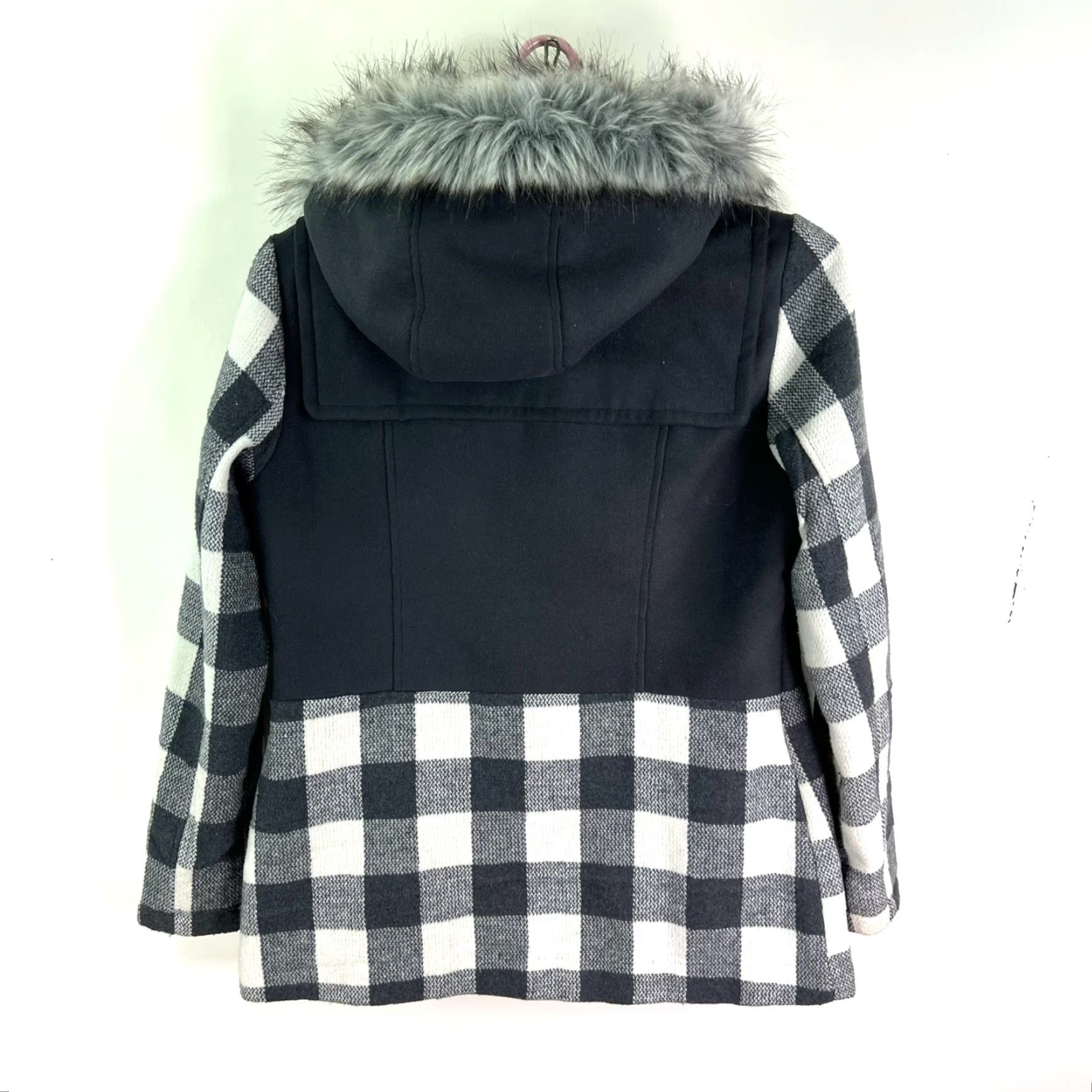 Vintage Celebrity Pink Jacket Women L Black/Gray Checkered Faux Fur Hood Detachable Hooded Softshell Mid-Length Zip Parka Regular Fit Size L / US 10 / IT 46 - 6 Thumbnail
