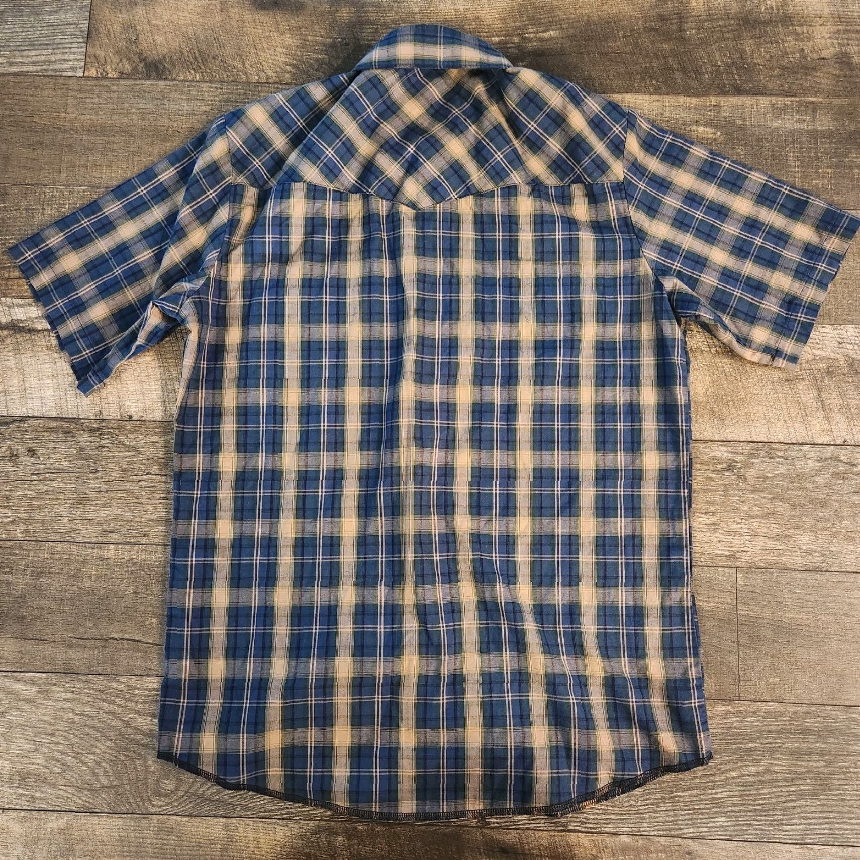 Wrangler Wrangler Western Shirt Pearl Snap Mens Medium Blue Tan Plaid Cowboy Rodeo Button-Up Short Sleeve Casual Workwear Mens Size US M / EU 48-50 / 2 - 4 Thumbnail