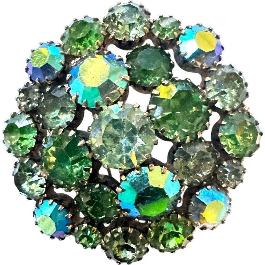 Vintage Vintage 1940’s URANIUM Glass & Green Aurora Borealis Circle Dogtooth Multi Dimensional Prong Set Brooch Pin Size ONE SIZE - 2 Thumbnail