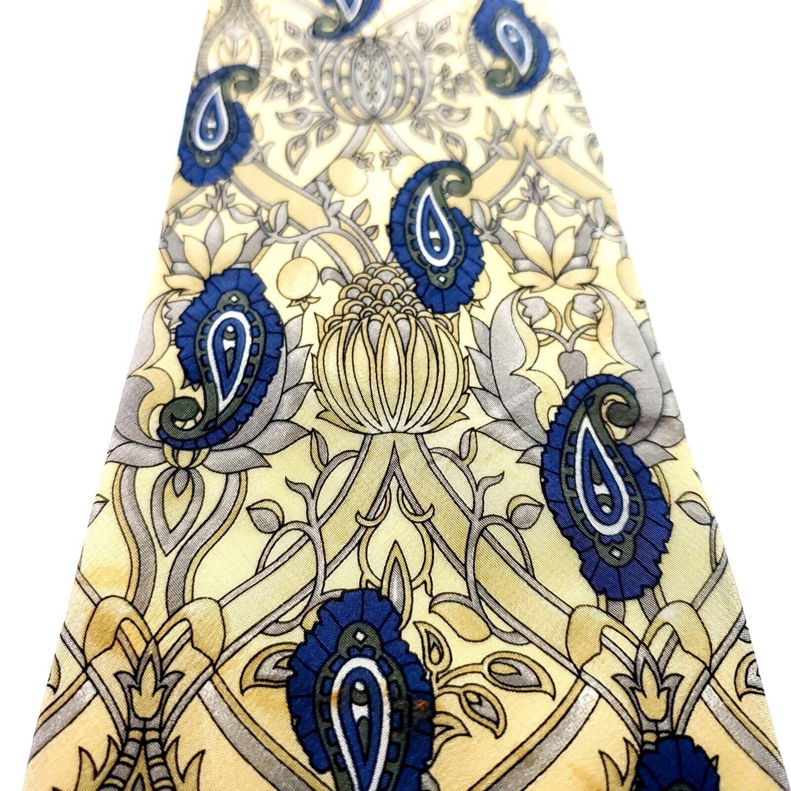 Vintage Geoffrey Beene Silk Tie Print Yellow Blue Italy Short Size ONE SIZE - 2 Thumbnail