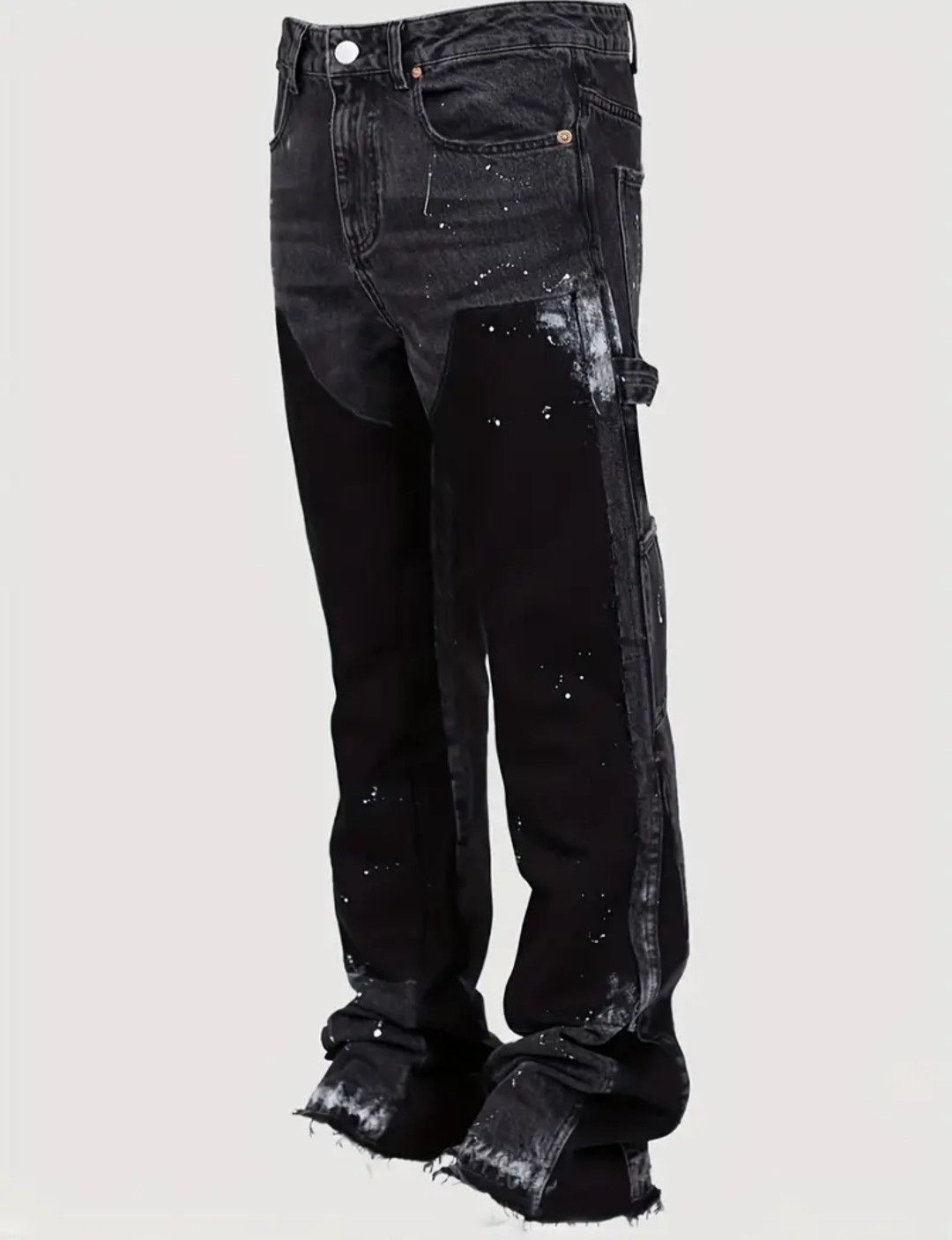 image of Distressed Denim x Vintage Ink Splash Denim Cargo Double Knee Flared Carpenter T004 in Black Grey (