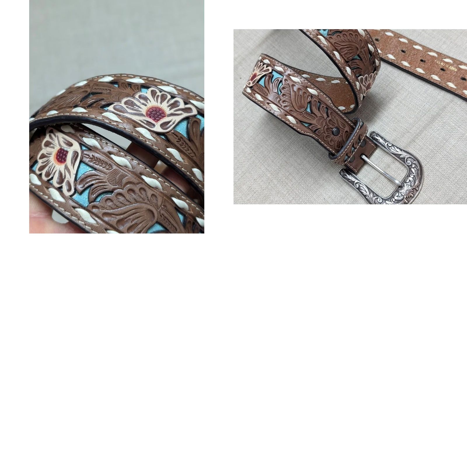Ariat VINTAGE Ariat Western Belt 34 Leather Tooled Floral Buckle Tapered Brown Men Size 34 - 9 Thumbnail