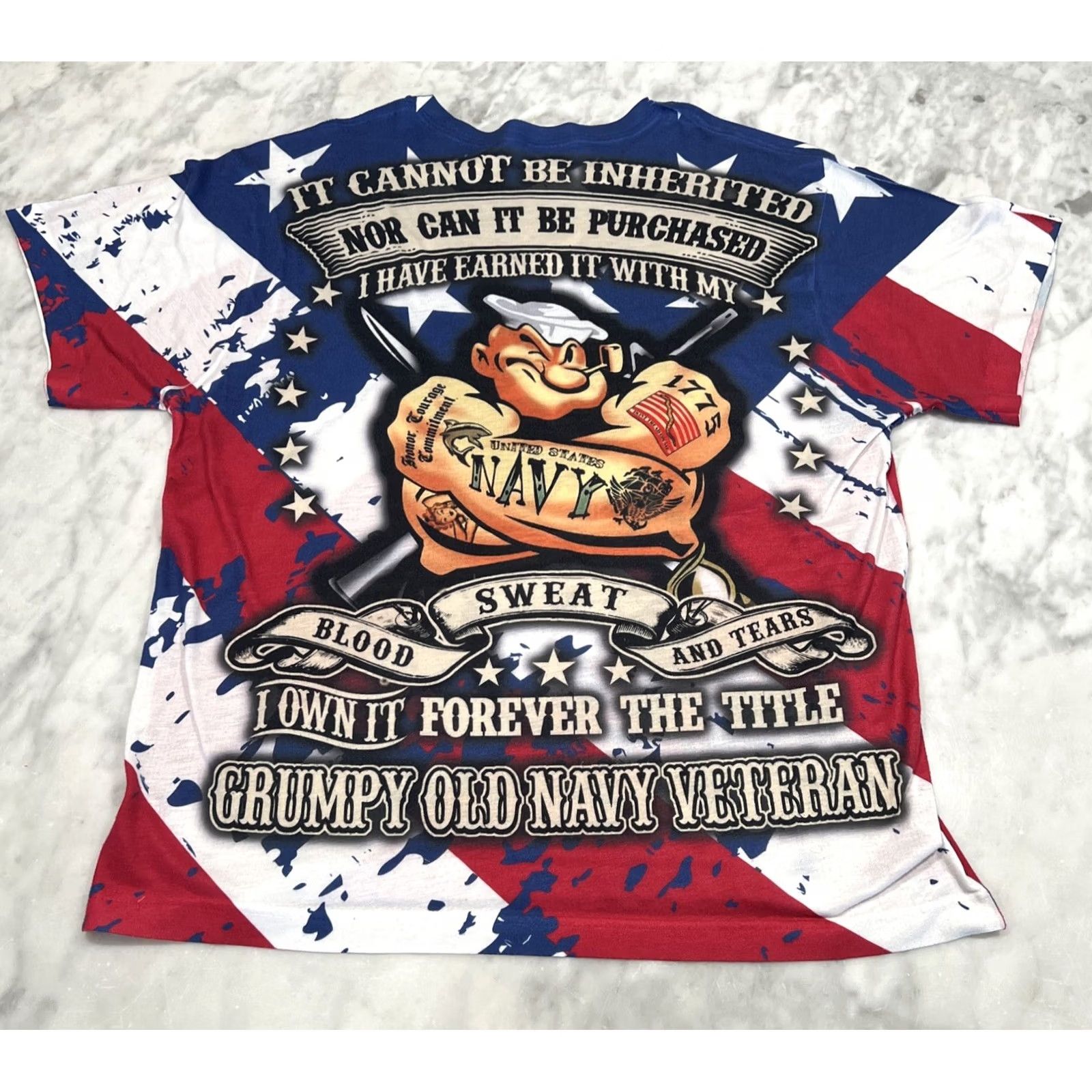Gloverall Navy Veteran T Shirt Size Medium Lightweight Popeye American Flag All Over Size US M / EU 48-50 / 2 - 3 Thumbnail