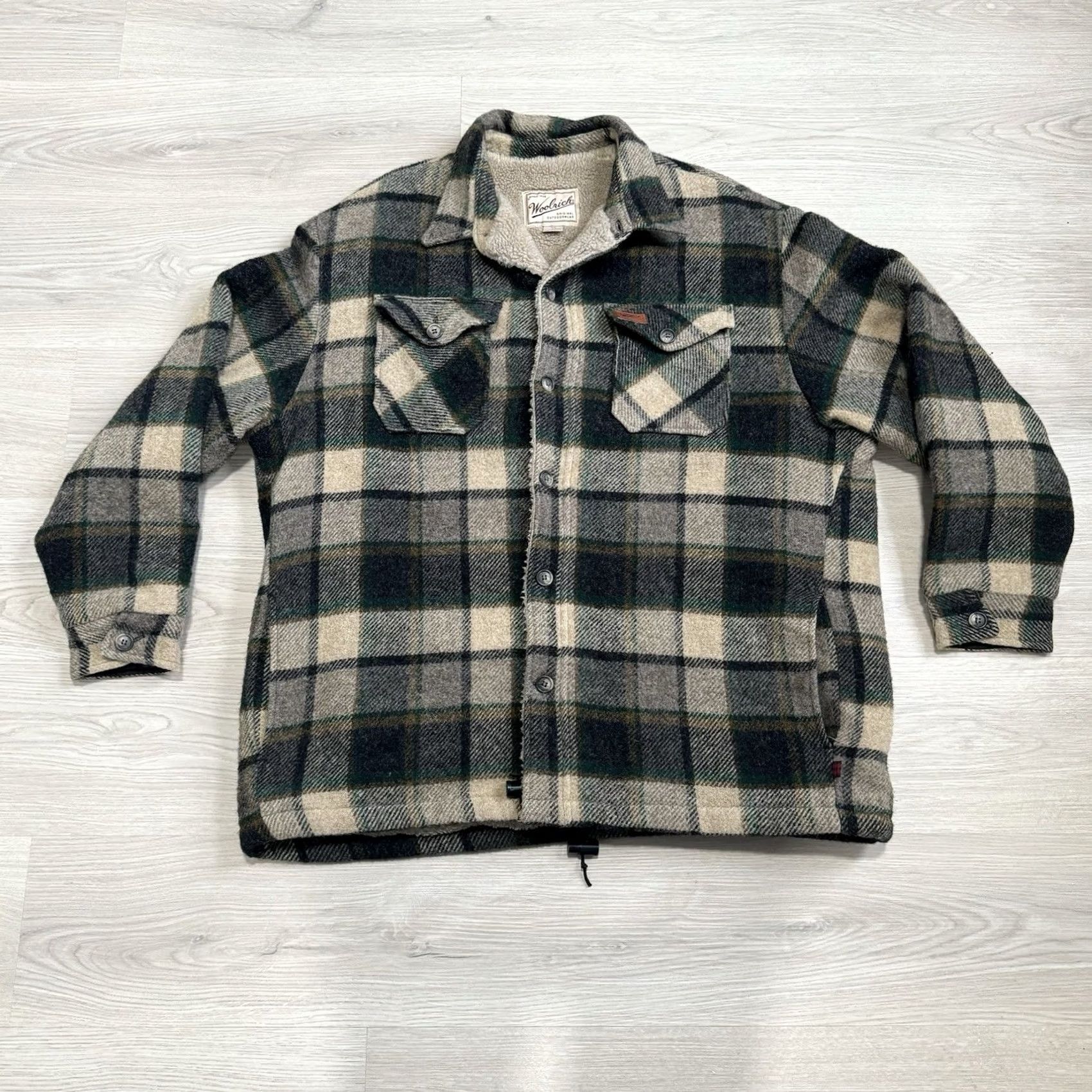 Vintage VINTAGE Woolrich Men's Jacket Shacket Plaid Sherpa L Tan Green Button Up 90s Wool Outer Shell Mid-Length 90s Theme Green Mens Jacket Sherpa Lined Size US L / EU 52-54 / 3 - 2 Thumbnail