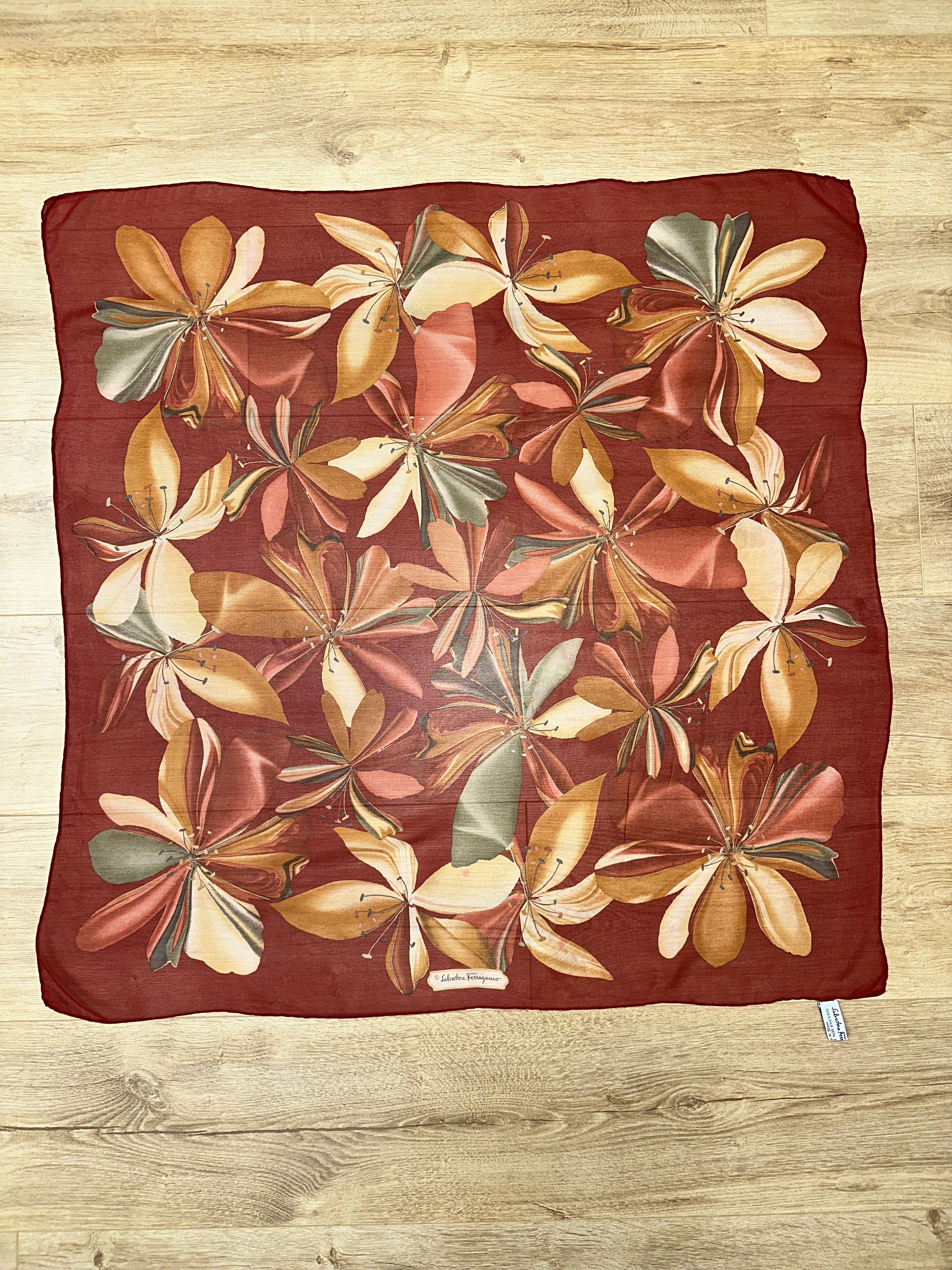 Salvatore Ferragamo Salvatore Ferragamo 100% Silk Floral Square Scarf Red 80cm Size ONE SIZE - 4 Thumbnail