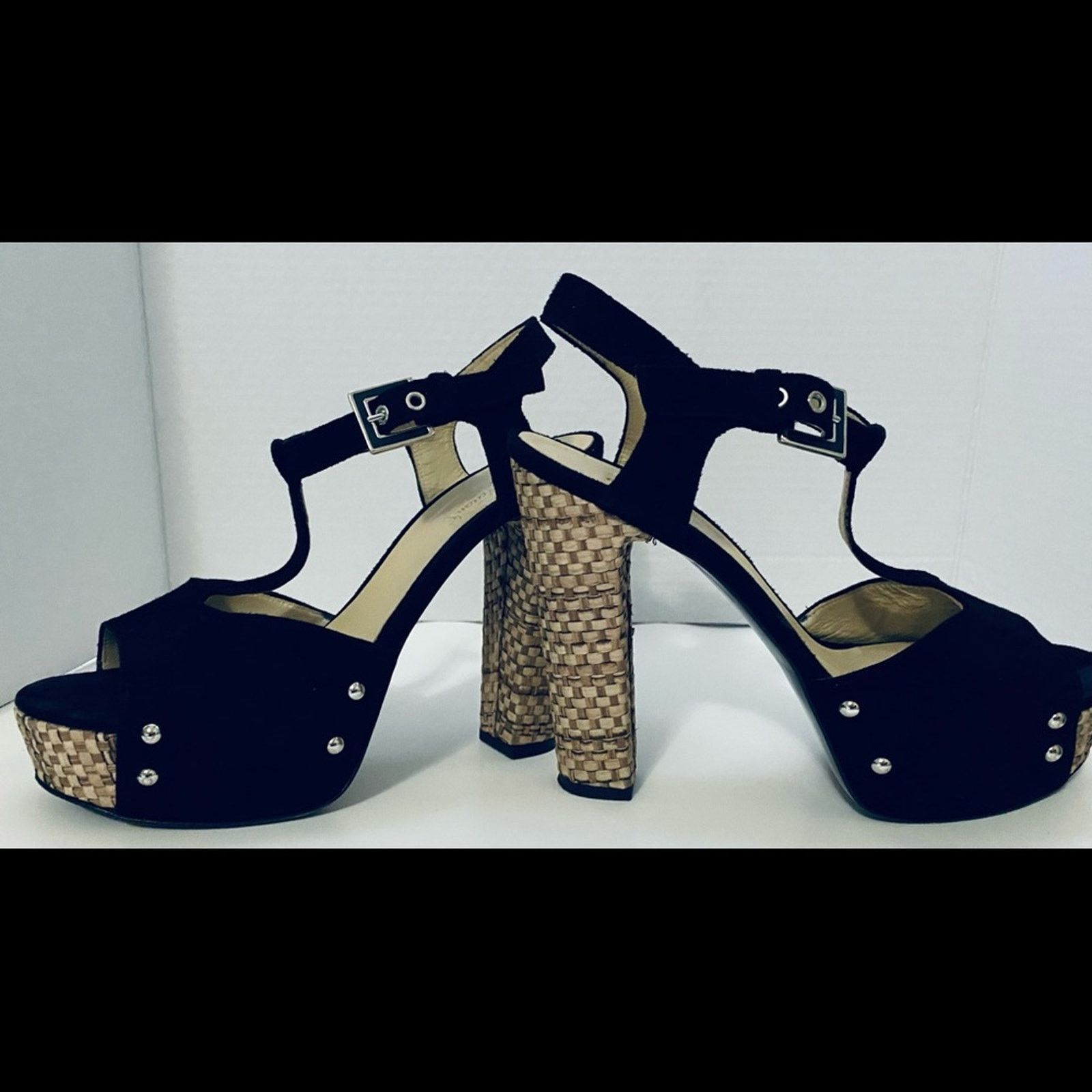 & Other Stories Gianni Ferrante black suede T-strap w/ straw heel platform . Size US 10 / IT 40 - 7 Thumbnail