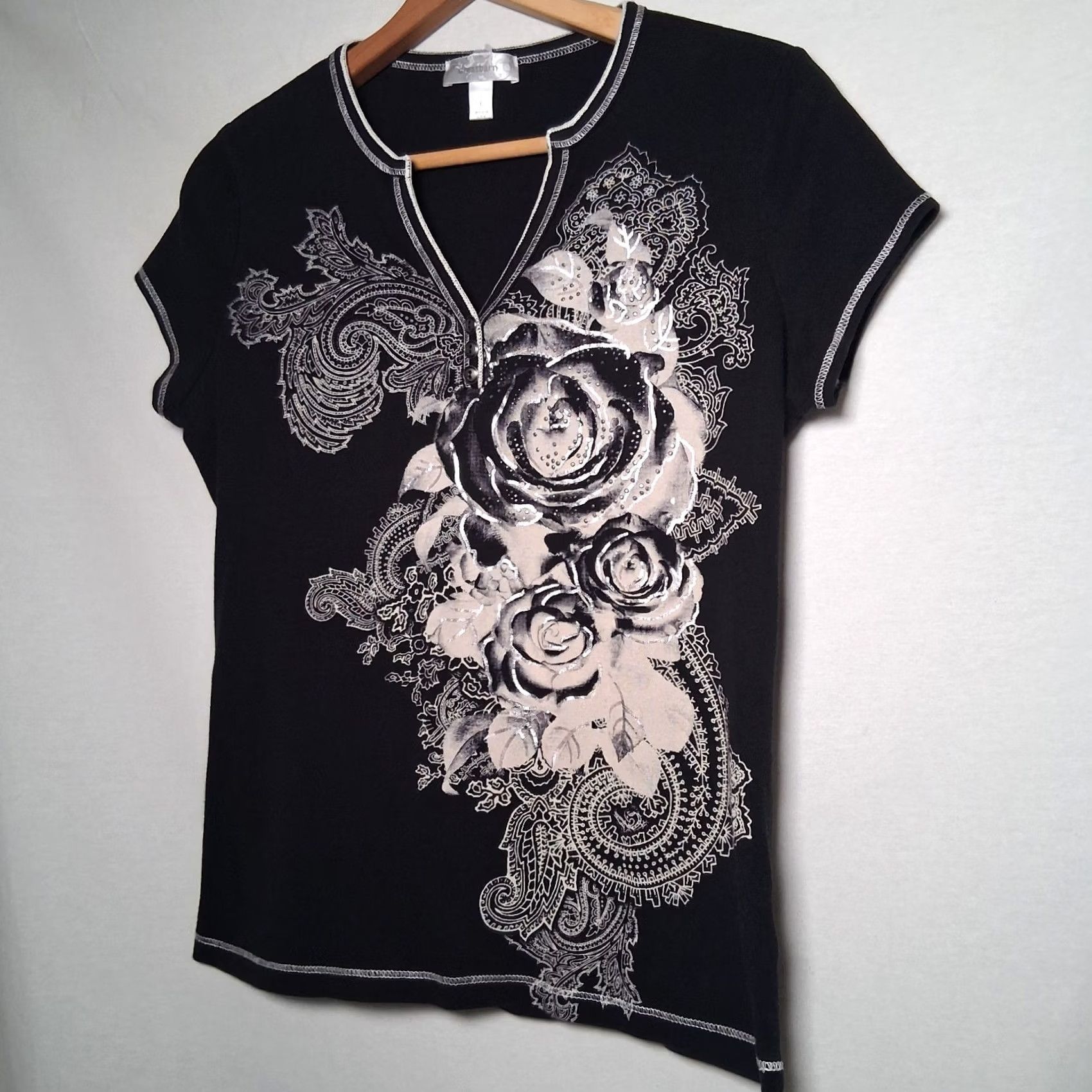 Vintage VINTAGE Dressbarn Shirt Women L Black Cap Sleeve Studded Roses Y2K Size L / US 10 / IT 46 - 3 Thumbnail