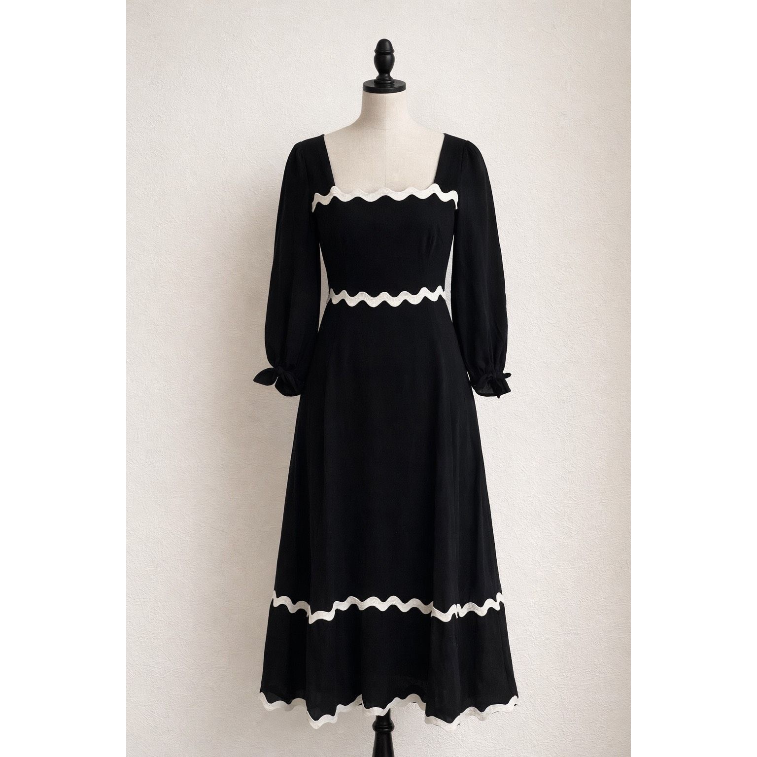 Other BTFBM Black Midi Dress White Ric Rac Trim Long Sleeve Women’ Size S / US 4 / IT 40 - 1 Thumbnail