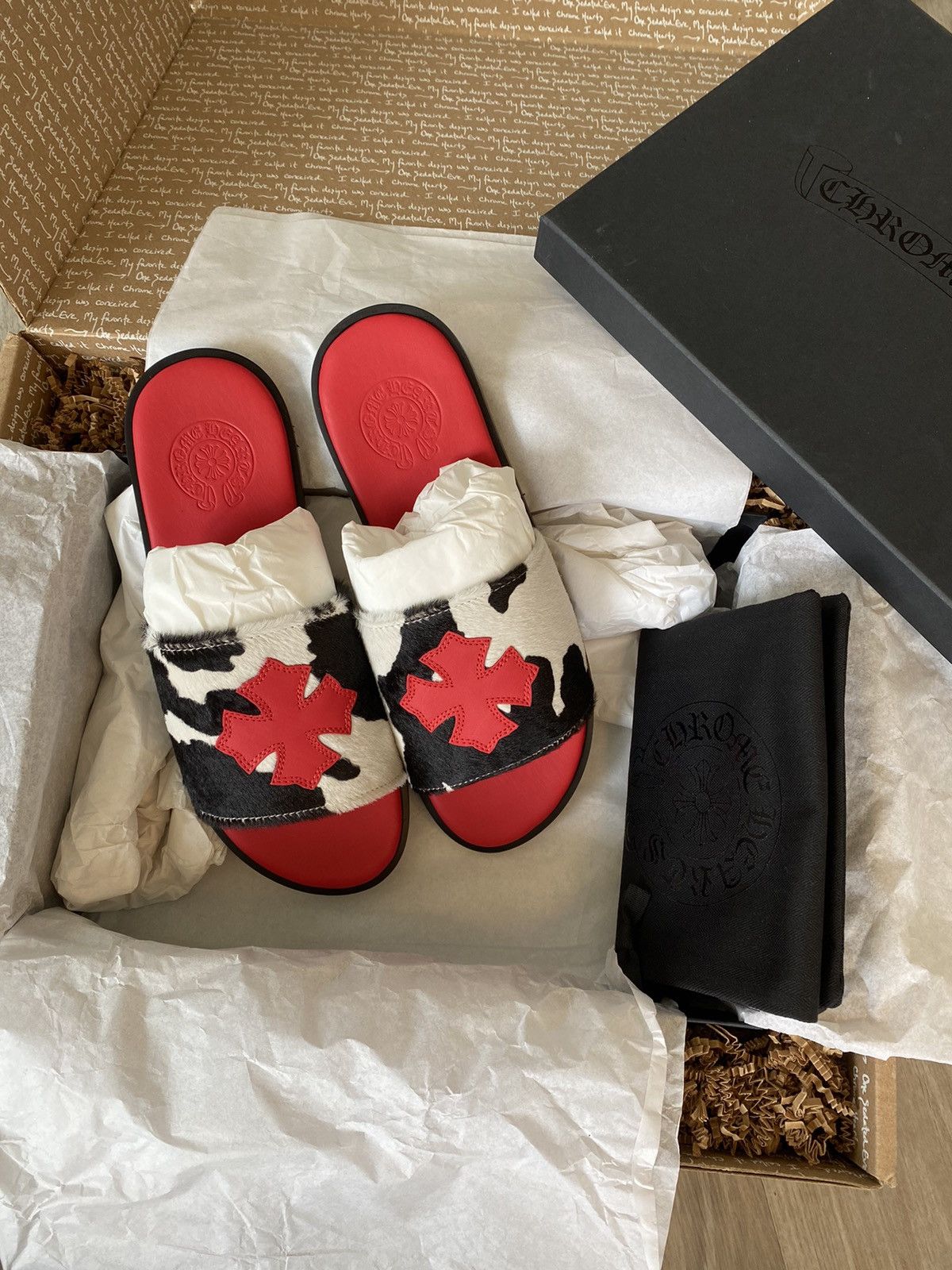 image of Chrome Hearts Red Patch Cow Slides Eu 41 in Cowprint, Men's (Size 8)