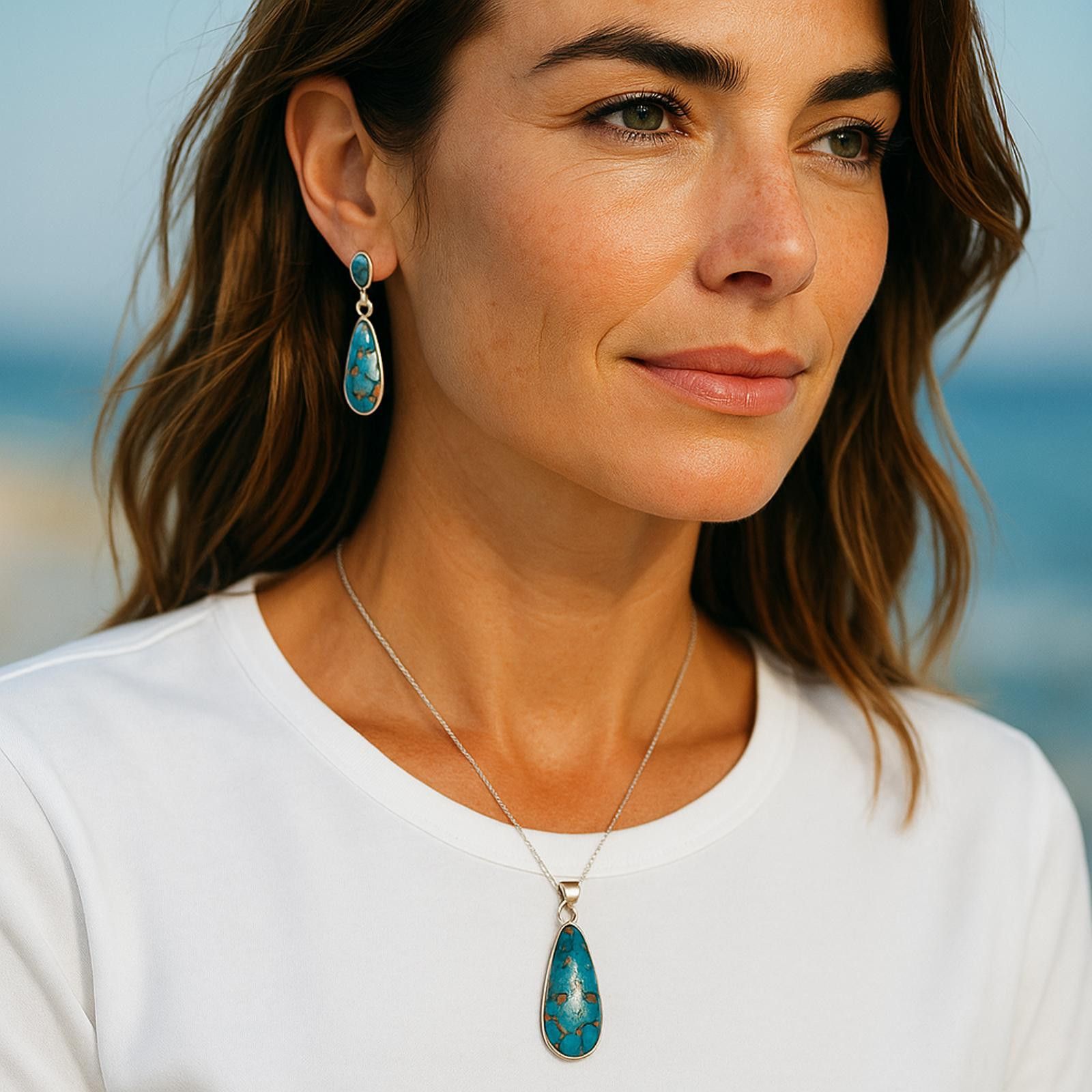 Designer Sterling Silver Genuine Turquoise Necklace and Earrings Set Size ONE SIZE - 6 Thumbnail
