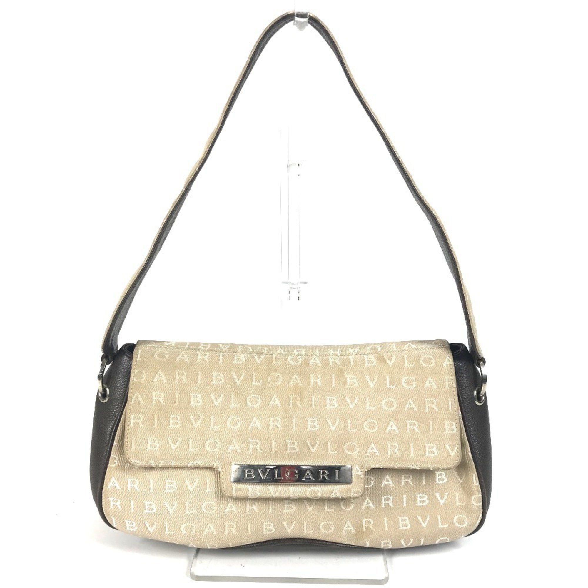 Bvlgari Logomania Bag Handbag Shoulder Flap Logo Plate Leather Canvas Women's Beige