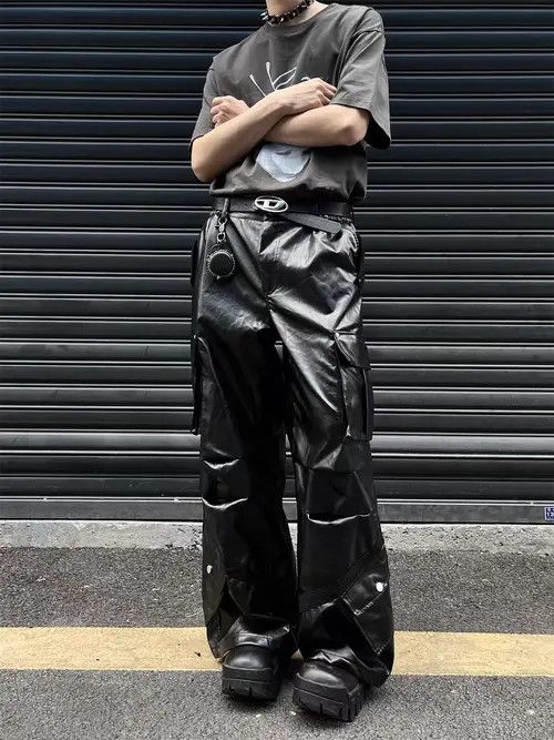 Japanese Brand Retro High Street Hip Hop Wide Leg Leather Pants Size US 30 / EU 46 - 6 Thumbnail