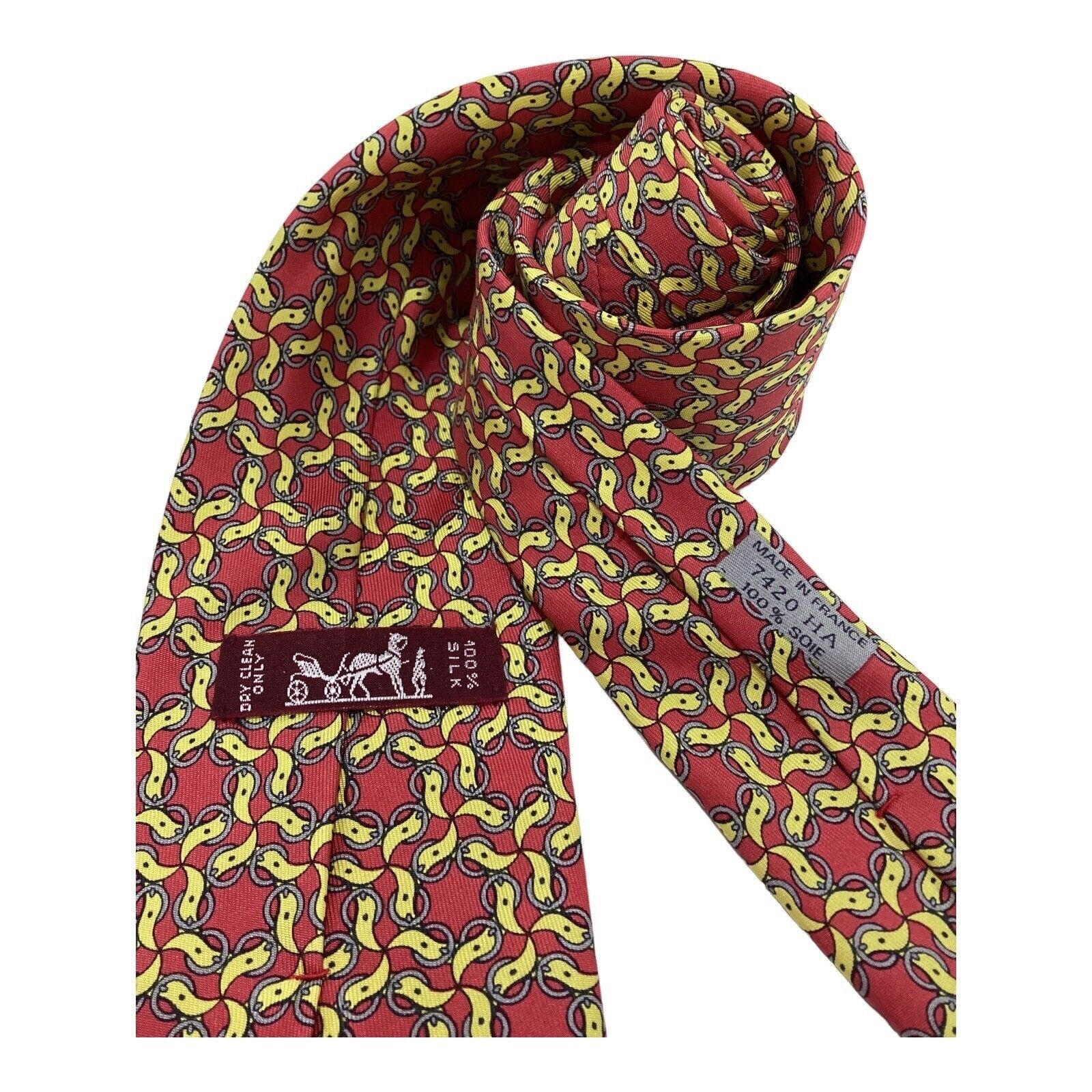 Hermes HERMES PARIS Vintage 7420 HA Red Yellow Belt Print Silk Tie Size ONE SIZE - 3 Thumbnail