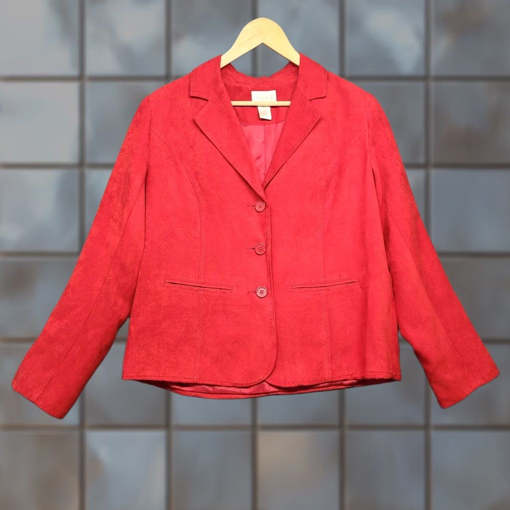 Vintage Studio Works Womens Blazer Jacket 12 Red 3 Button Notch Lapel Lined Faux Vegan Suede Classic Holiday Size XL / US 12-14 / IT 48-50 - 1 Thumbnail