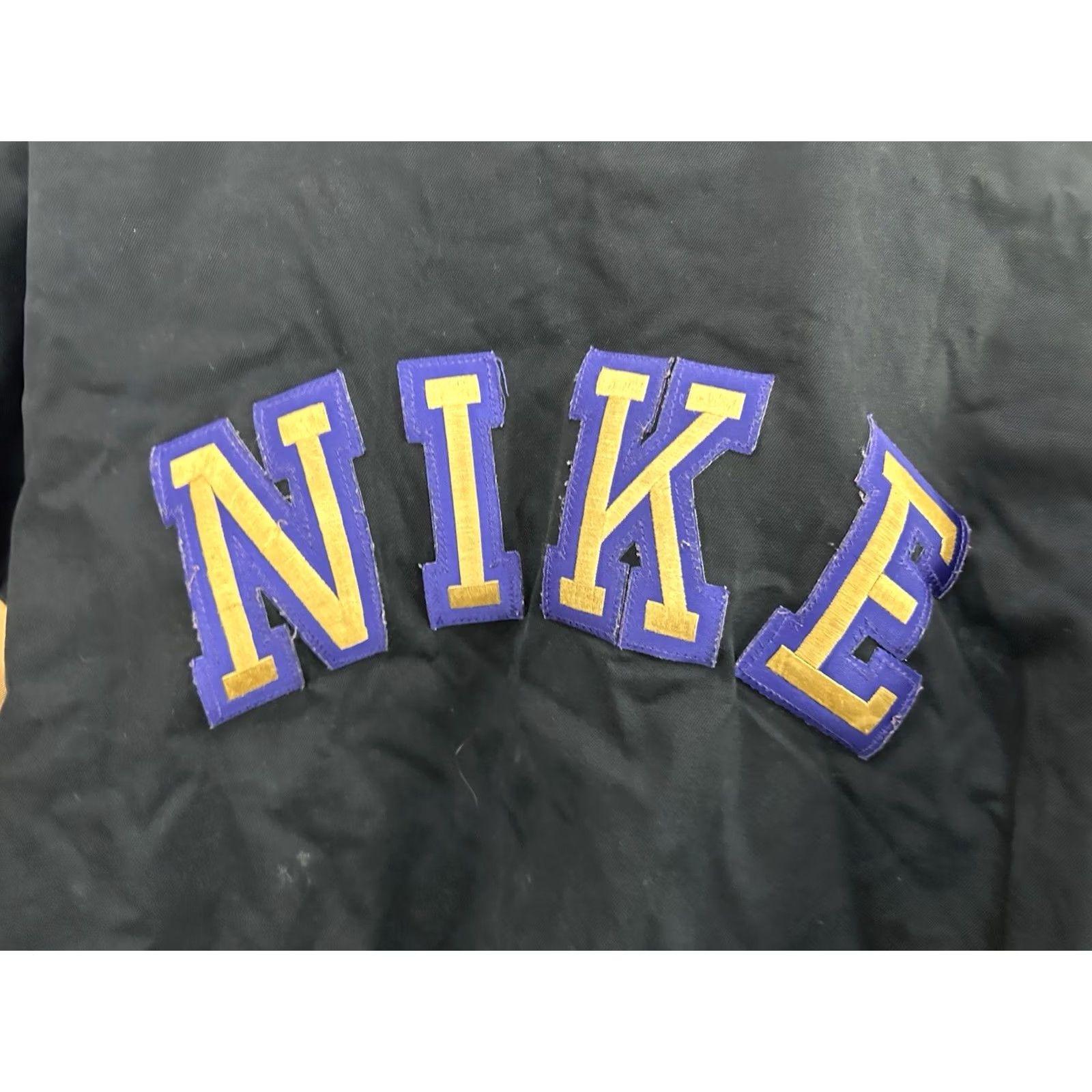 Nike VTG Nike Block Spellout Black Gold Varsity Bomber Jacket XL Mens Distressed 80s Style Size US XL / EU 56 / 4 - 4 Thumbnail
