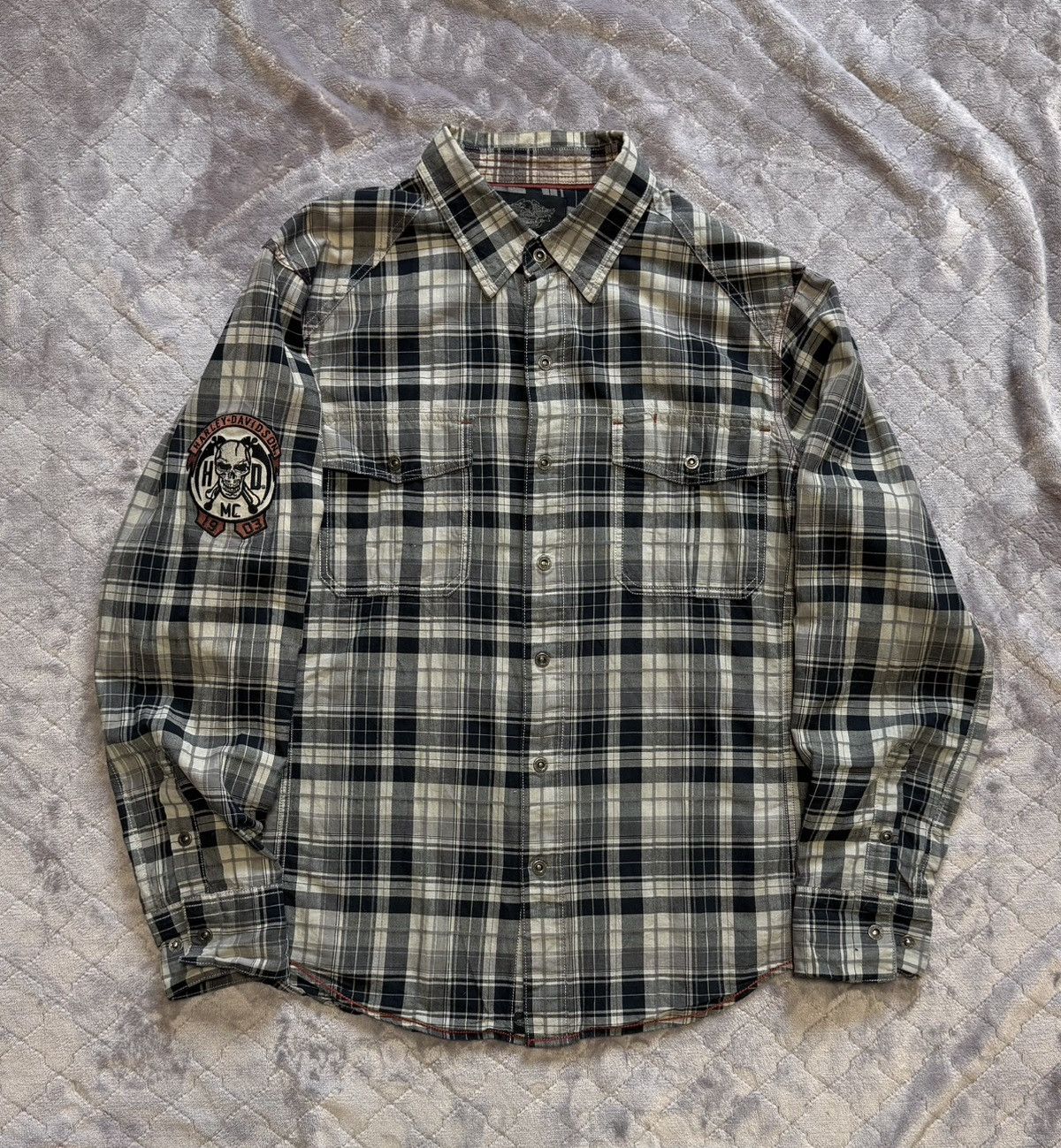 Harley Davidson × Vintage Vintage Harley Davidson Skull Big Logo Flannel Shirt Plaid Size US XL / EU 56 / 4 - 7 Thumbnail