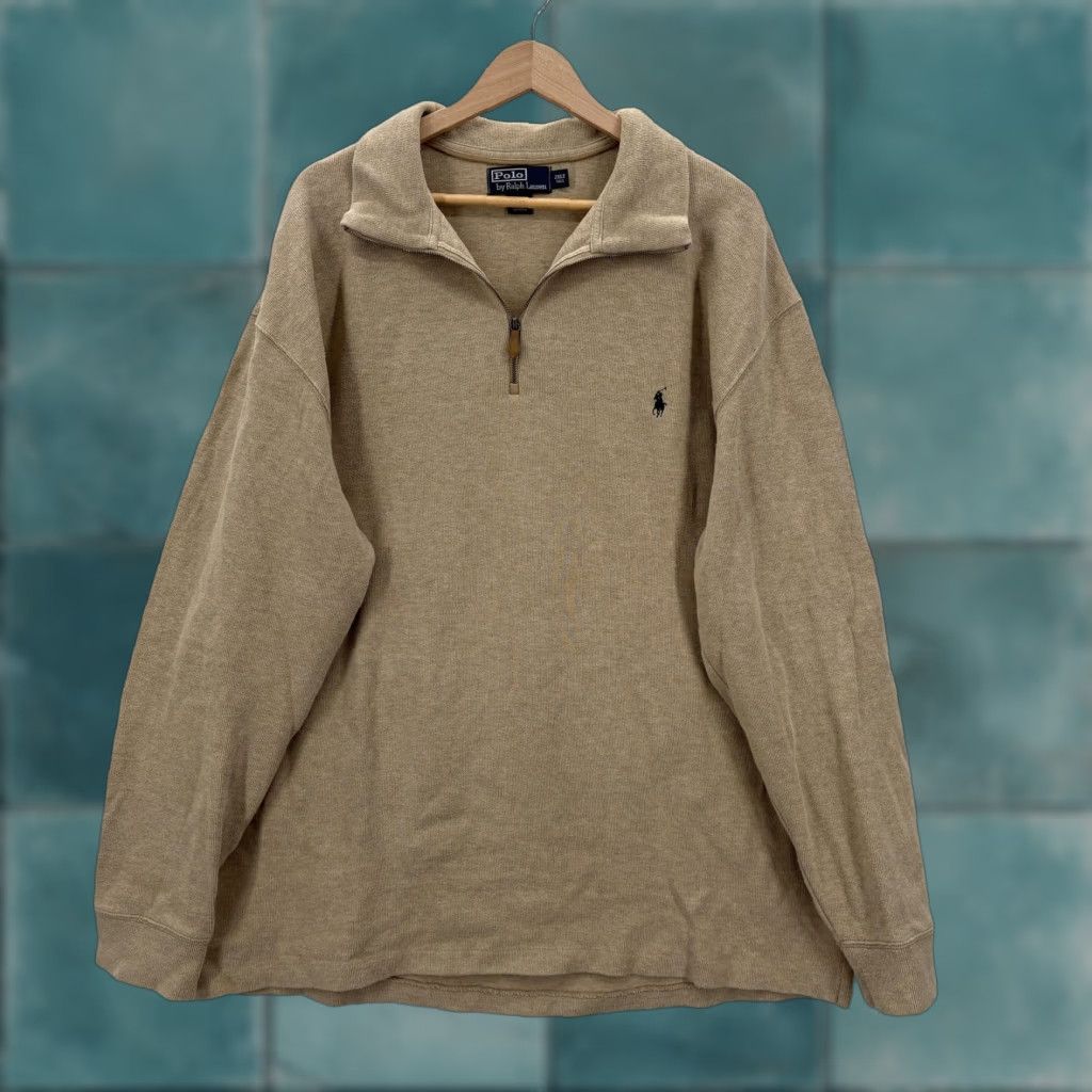 Polo Ralph Lauren VINTAGE Polo Ralph Lauren Sweater Mens 2XLT Beige Cotton 1/4 Zip Mock Neck Pullover Size US XXL / EU 58 / 5 - 1 Thumbnail