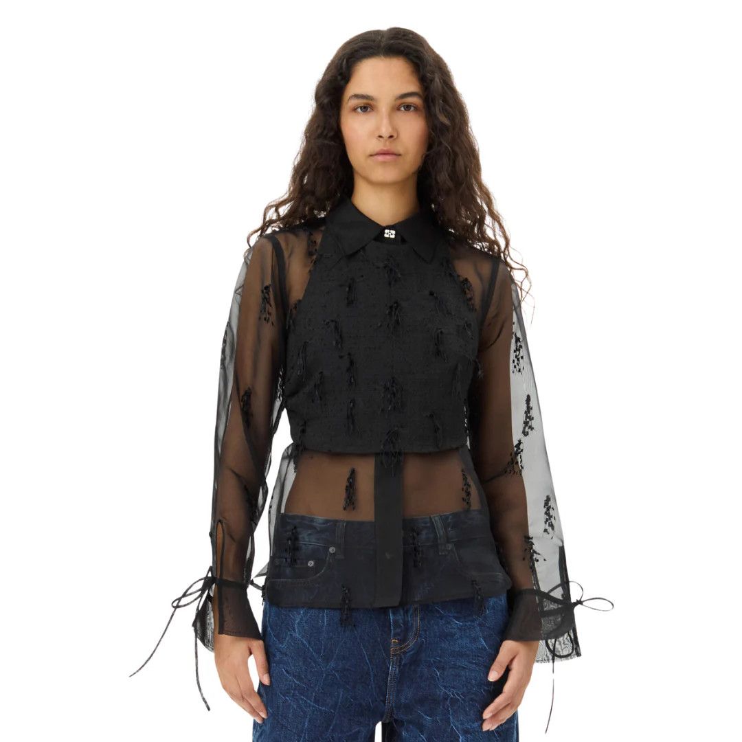 Ganni o1s22i1n0525 Fringed Organza Shirt in Black Size XS / US 0-2 / IT 36-38 - 3 Thumbnail