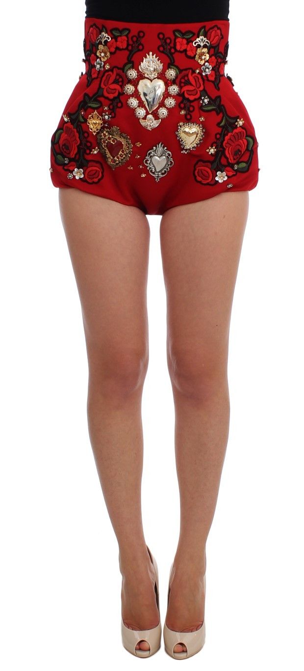 Dolce & Gabbana Red Silk Crystal-Embellished Mini Women's Shorts Size 28" / US 6 / IT 42 - 1 Thumbnail