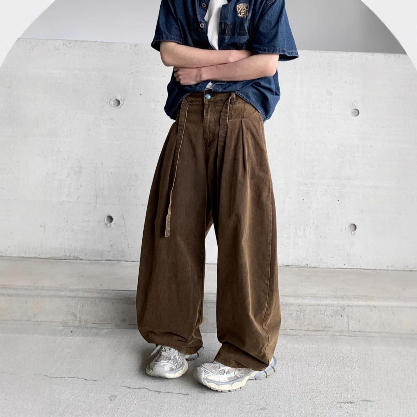 Vintage Brown Baggy Wide Leg Pants, Casual Loose Fit Trousers Size US 32 / EU 48 - 2 Thumbnail