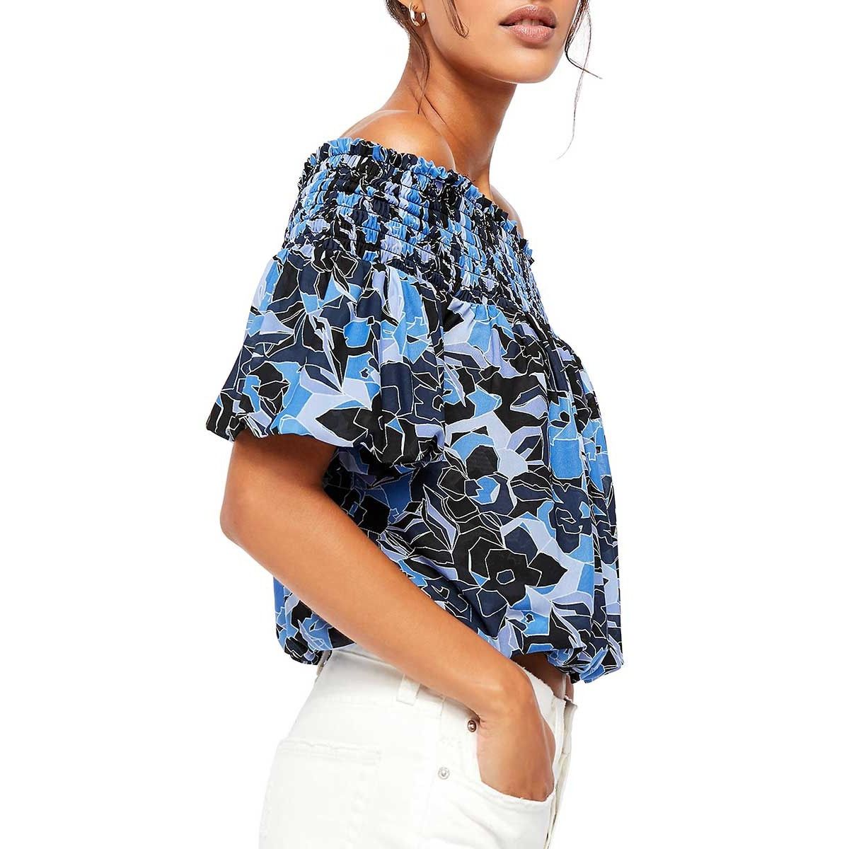 Free People New Free People Boho Bubble Top $78 SMALL Blue Smocked Size S / US 4 / IT 40 - 1 Thumbnail