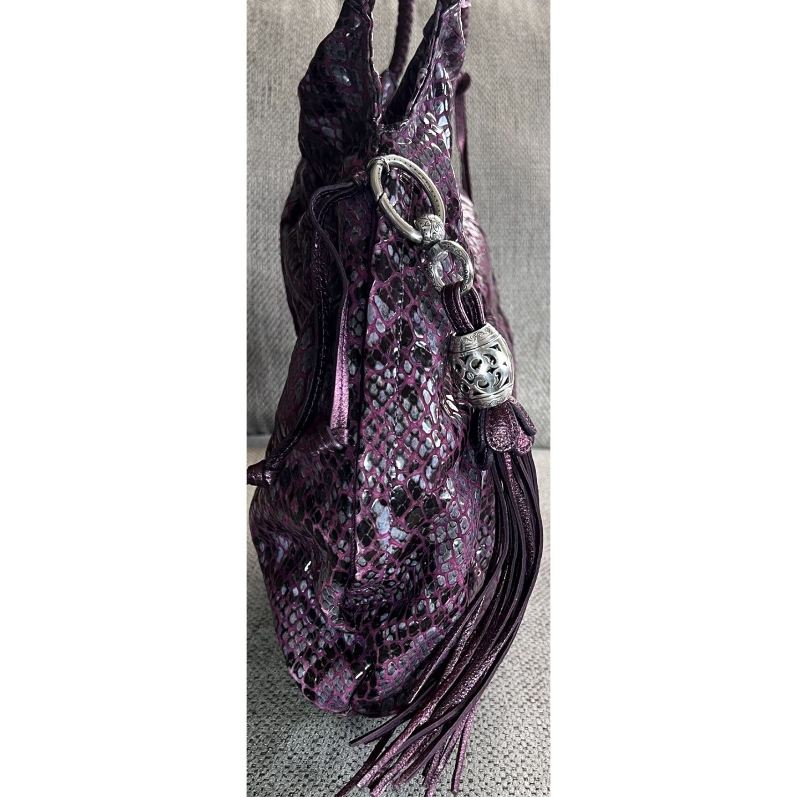 Brighton VINTAGE Brighton Nolita Hobo Bag Leather Purple Large 18” 14.5” 4.5” Tassel Snake Braided Strap Women Mens? Size ONE SIZE - 3 Thumbnail