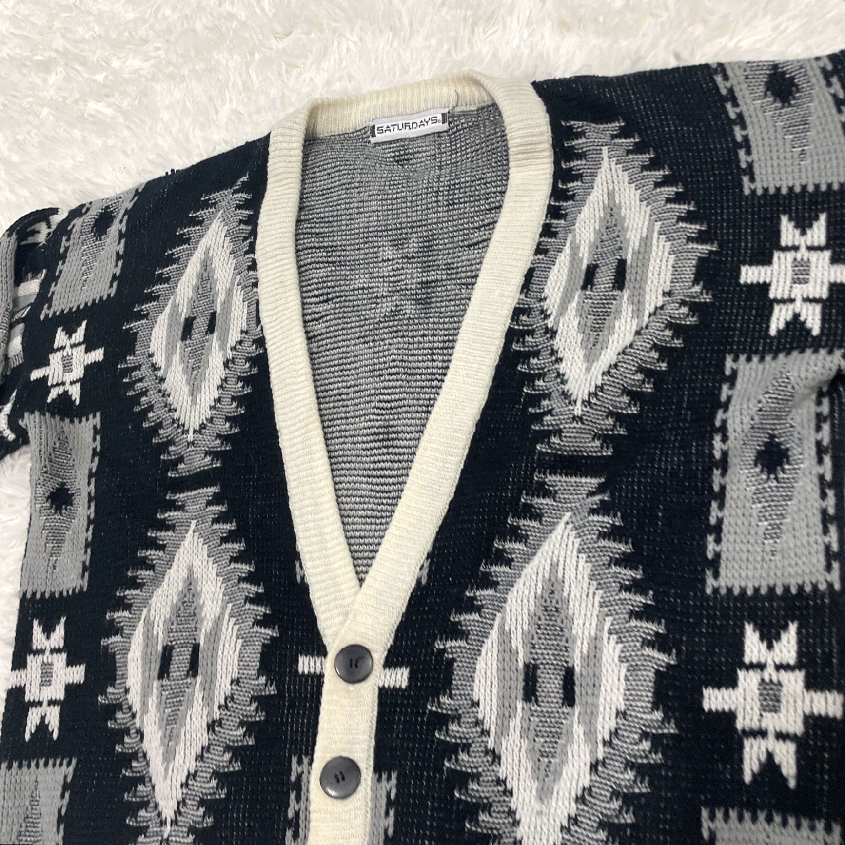 Saturdays NYC SATURDAYS Cardigan Sweater Geometric Black White Vintage 90s S Mens V-Neck Knit Crew Deck Casual Party/Cocktail Travel All Seasons Size US S / EU 44-46 / 1 - 6 Thumbnail