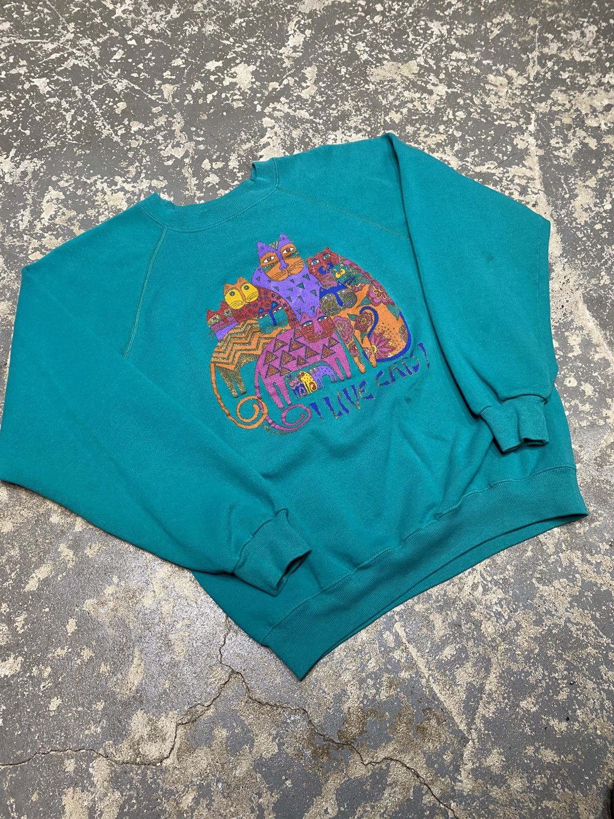 Vintage Vintage I Love Cats Cat Teal Pullover Crewneck SweatshirtUSA Size US L / EU 52-54 / 3 - 6 Thumbnail