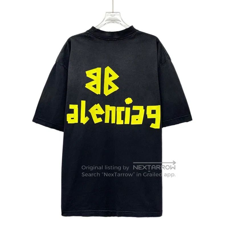 Balenciaga Balenciaga Black Aged Logo Letter Tape Print Cotton Crewne Size US M / EU 48-50 / 2 - 2 Thumbnail