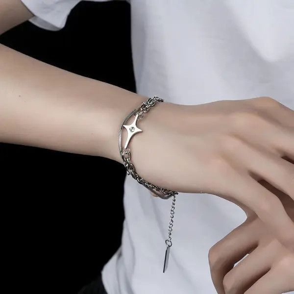 Jewelry Silver Chain Link Bracelet with Star Charm, Adjustable Size ONE SIZE - 6 Thumbnail